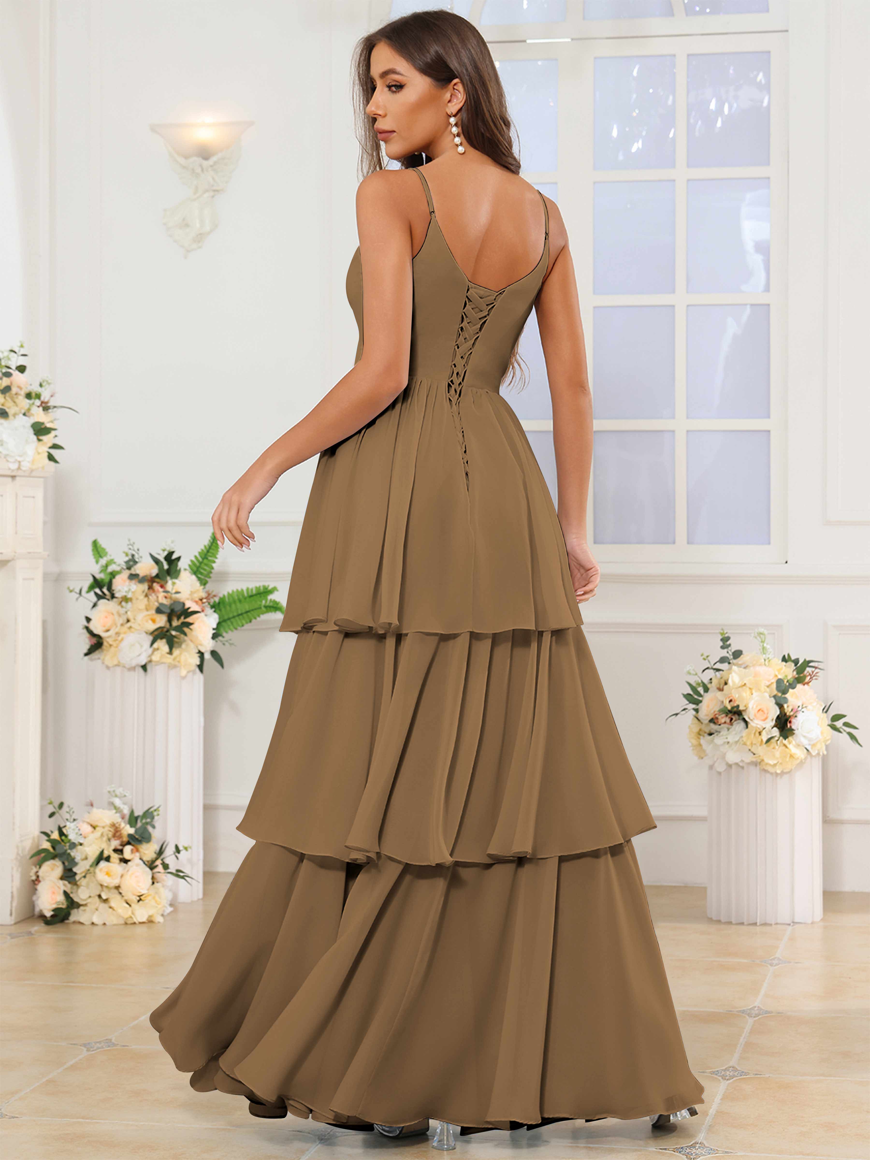 ROVDESY V-Neck Spaghetti Straps Tiered Chiffon Bridesmaid Dress With Ruffles