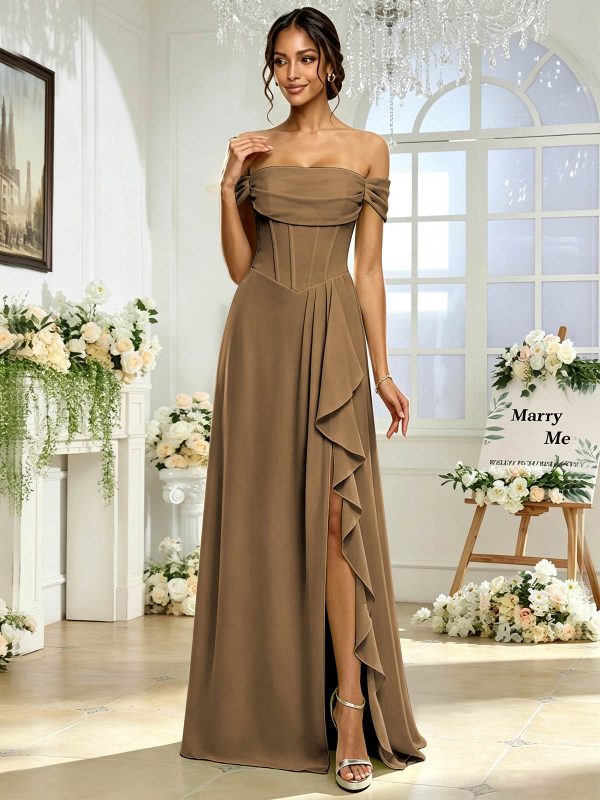 Off the Shoulder Chiffon A Line Long Bridesmaid Dress with Slit