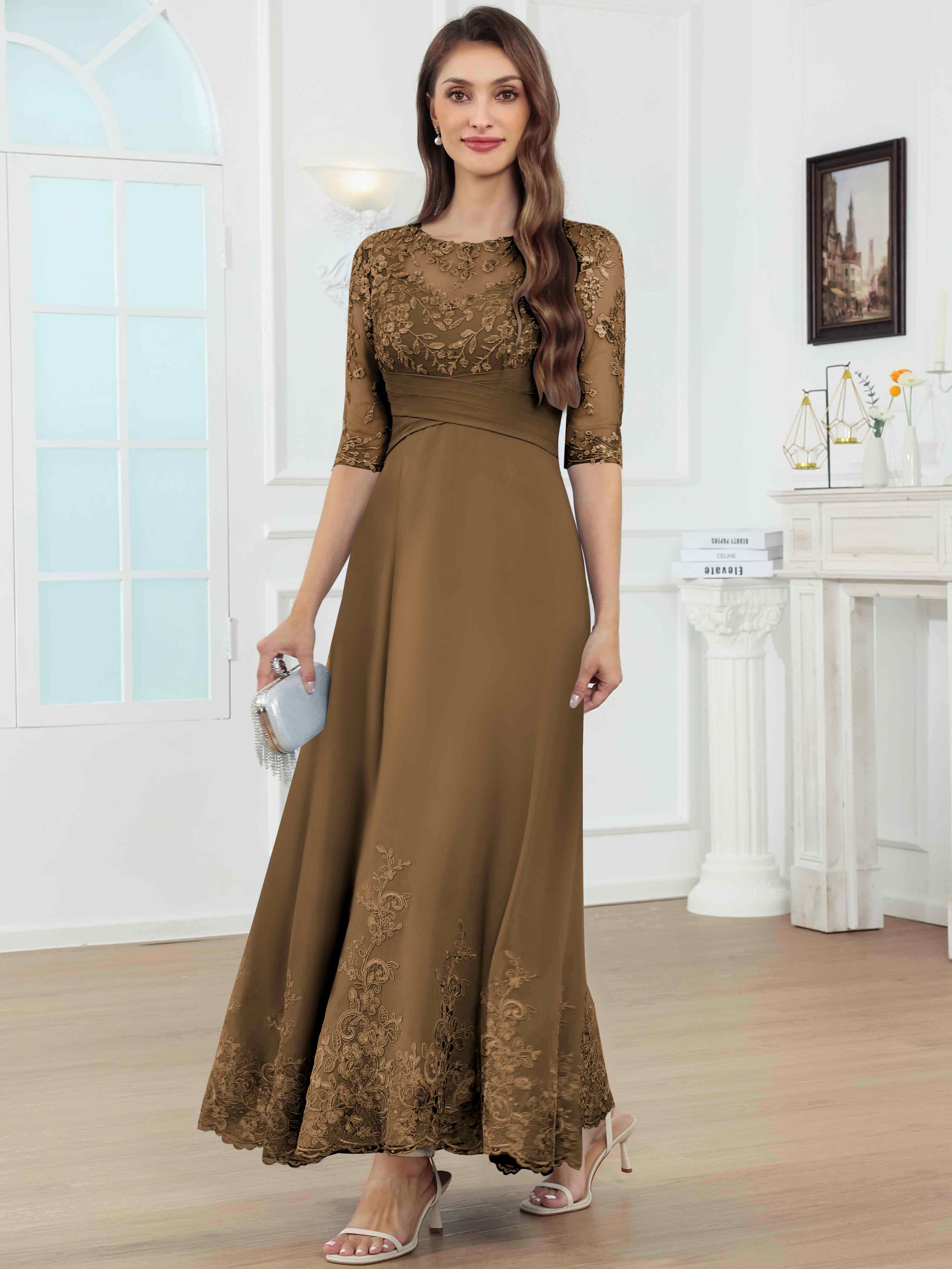 ROVDESY A-Line Lace Sequin Pleated Chiffon Mother Of The Bride Dress With Half Sleeves