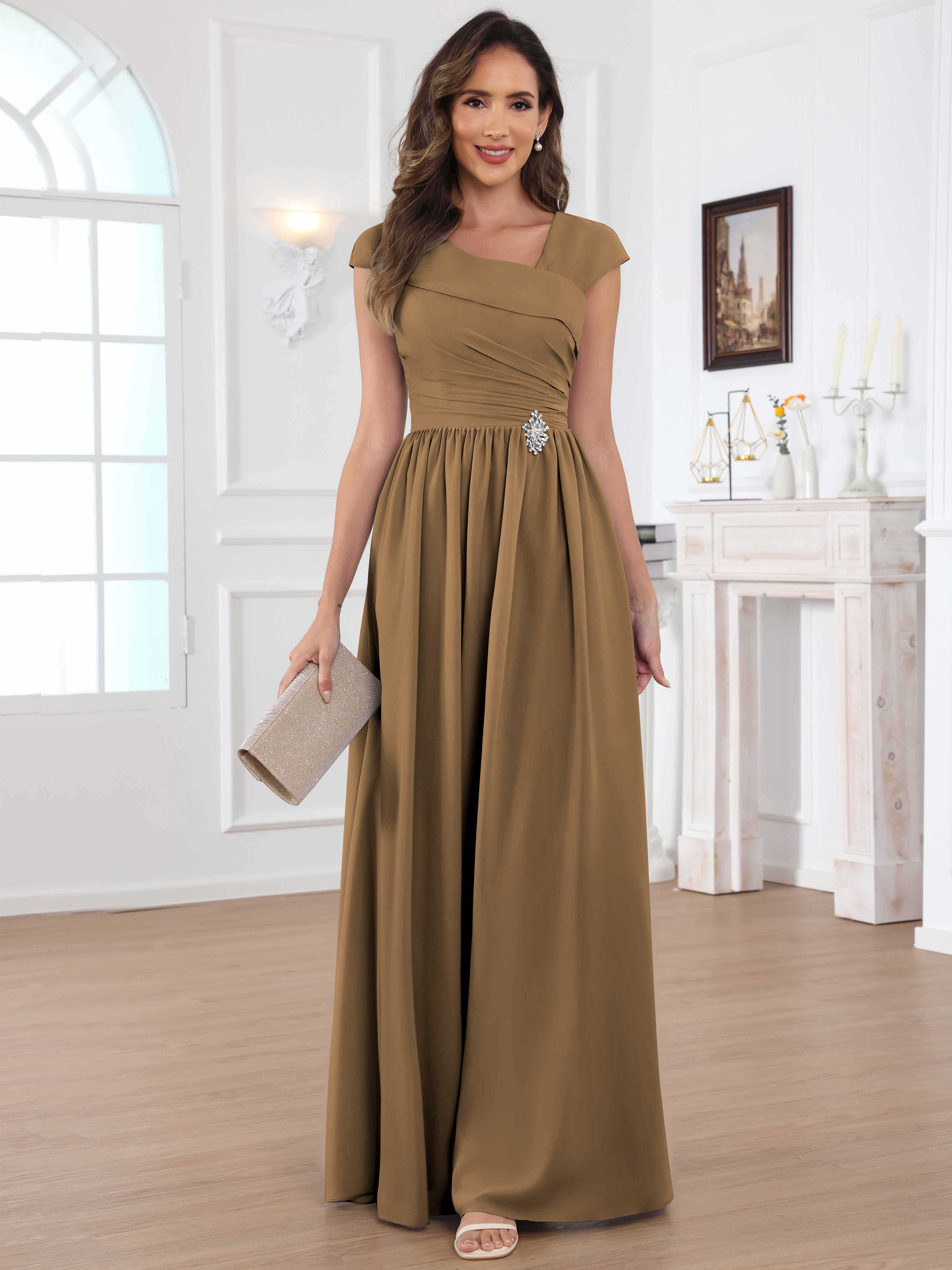 ROVDESY A-Line Cap Sleeves Pleated Chiffon Mother Of The Bride Dress