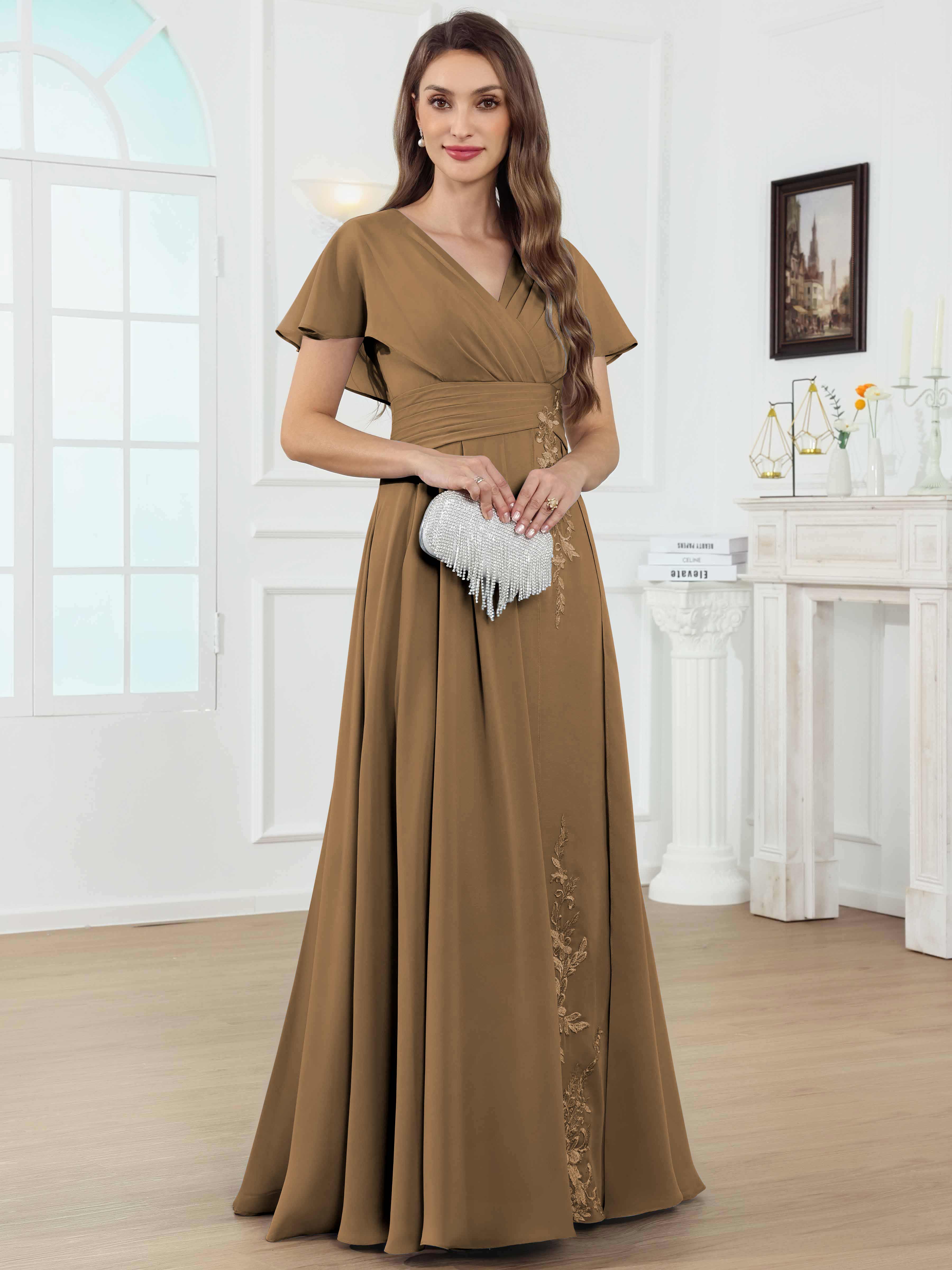 ROVDESY A-Line V-Neck Pleated Lace Chiffon Mother Of The Bride Dress With Short Sleeves