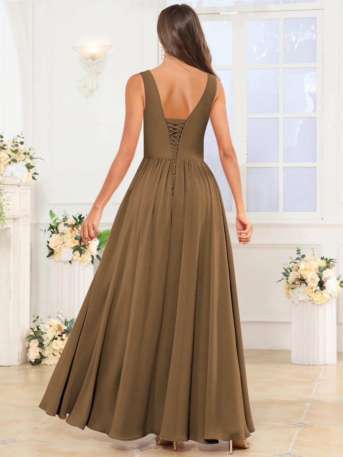 V Neck Chiffon A Line Bridesmaid Dress with Slit