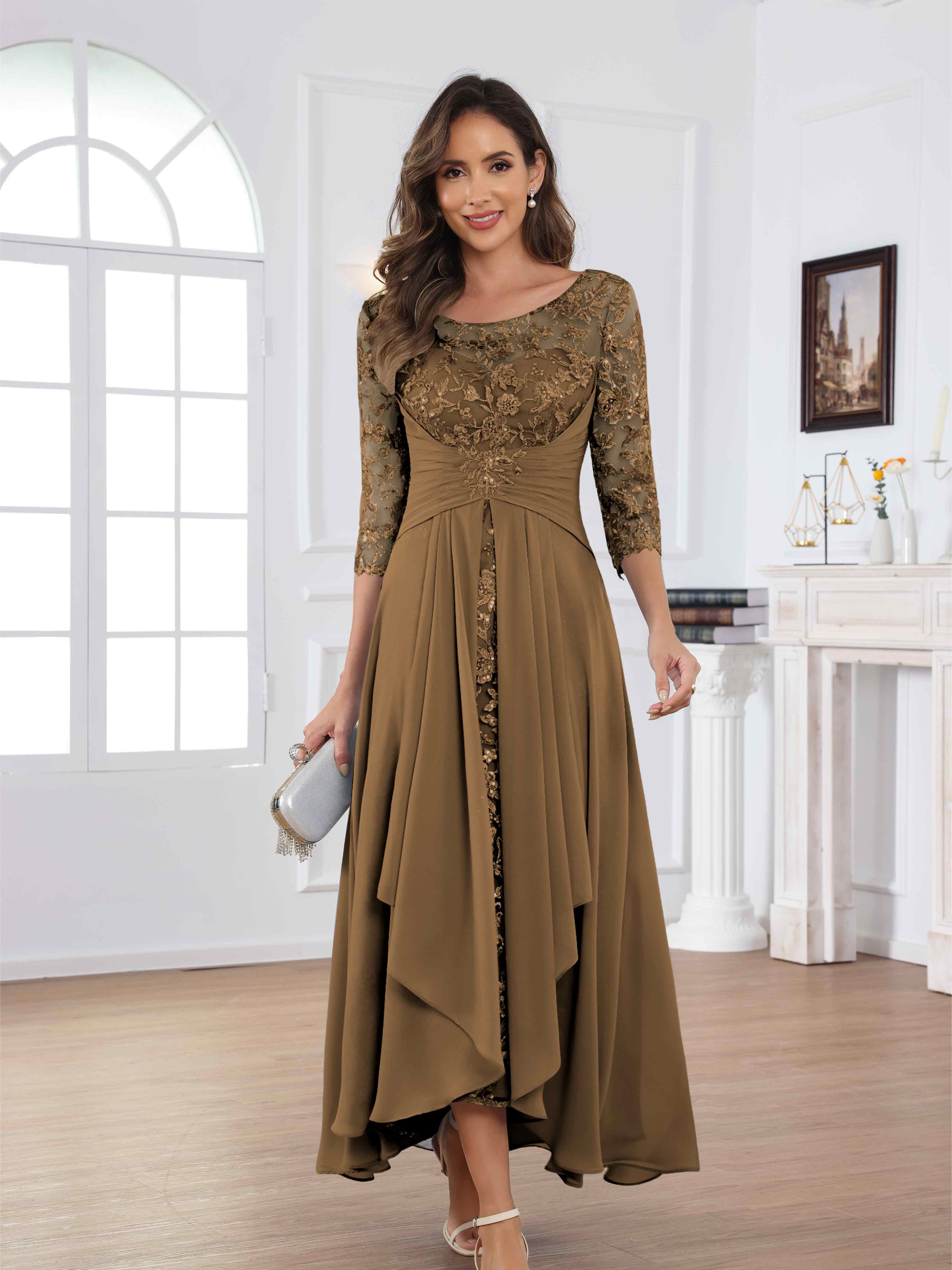 ROVDESY Tea Length Lace Chiffon Mother of The Bride Dress with 3/4 Sleeves