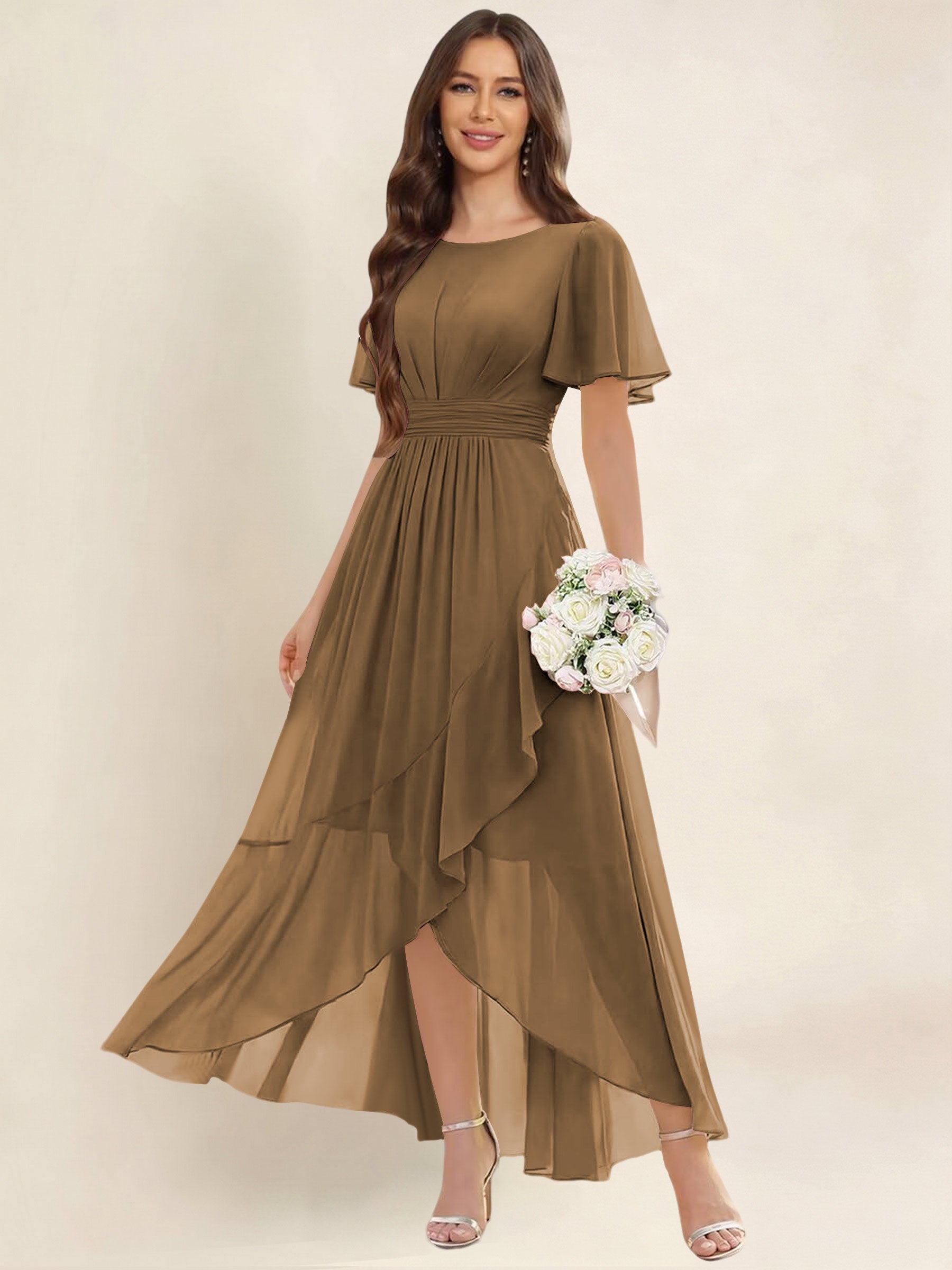 ROVDESY A-Line High Low Round Neck Pleated Ruffle Chiffon Bridesmaid Dress With Short Sleeves