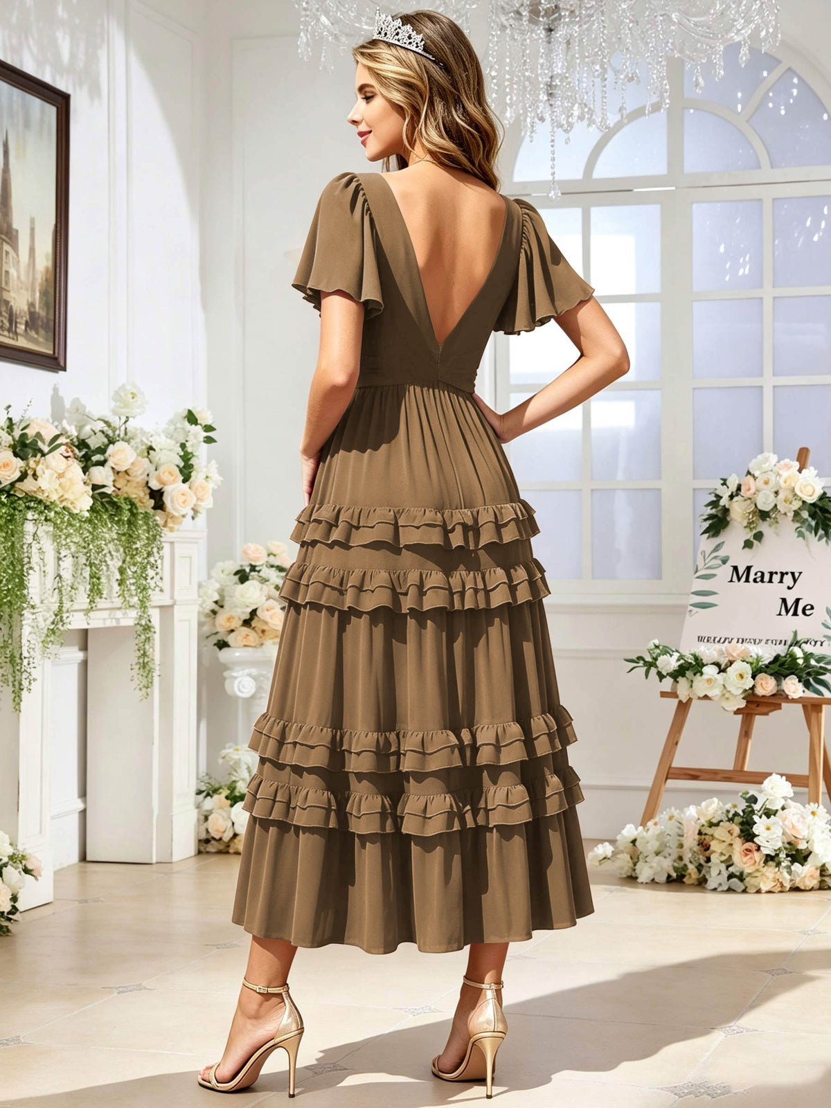 A Line Chiffon Pleated Bridesmaid Dress with Sleeves