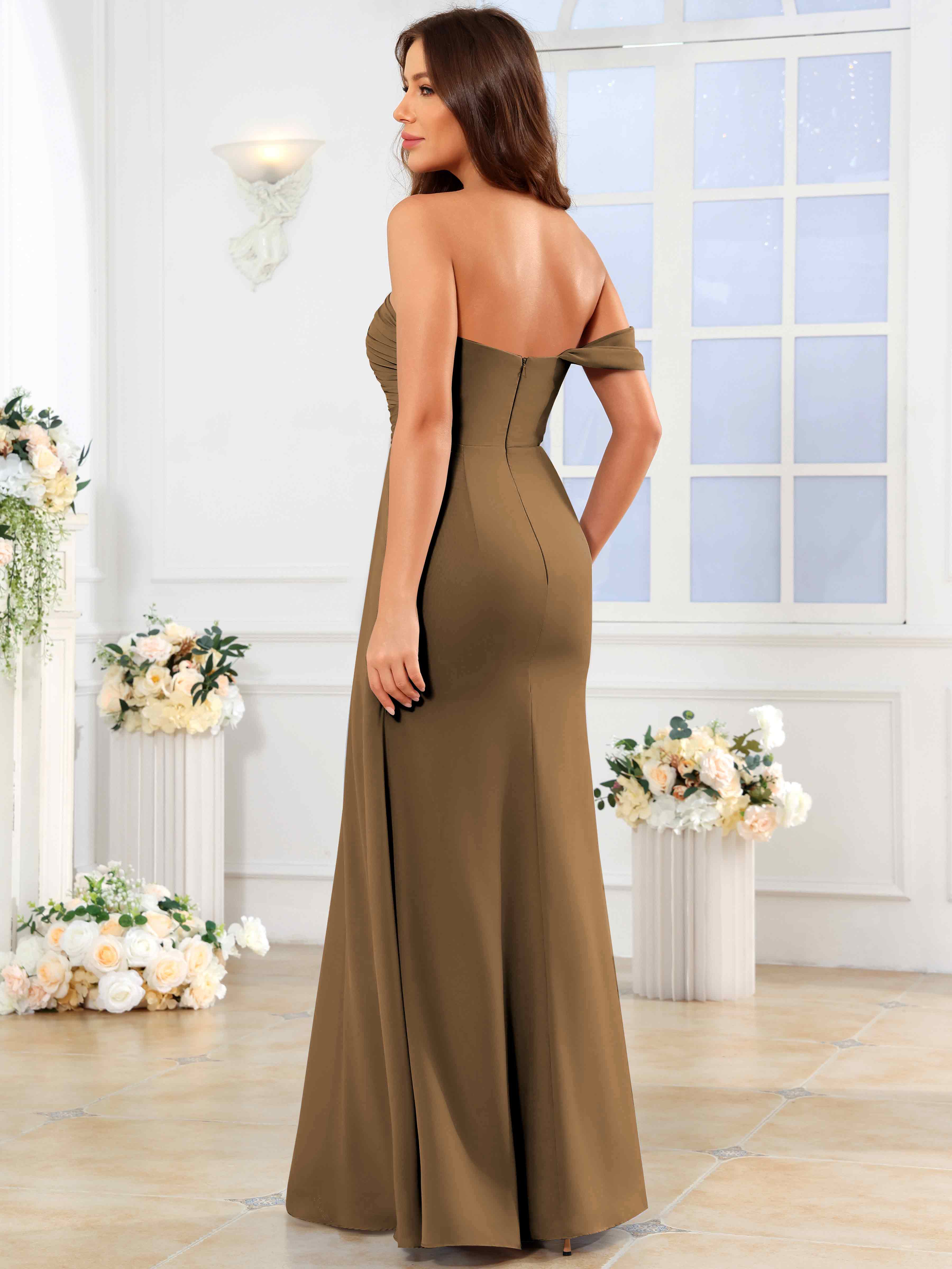 ROVDESY One Shoulder Off The Shoulder Pleated Chiffon Bridesmaid Dress