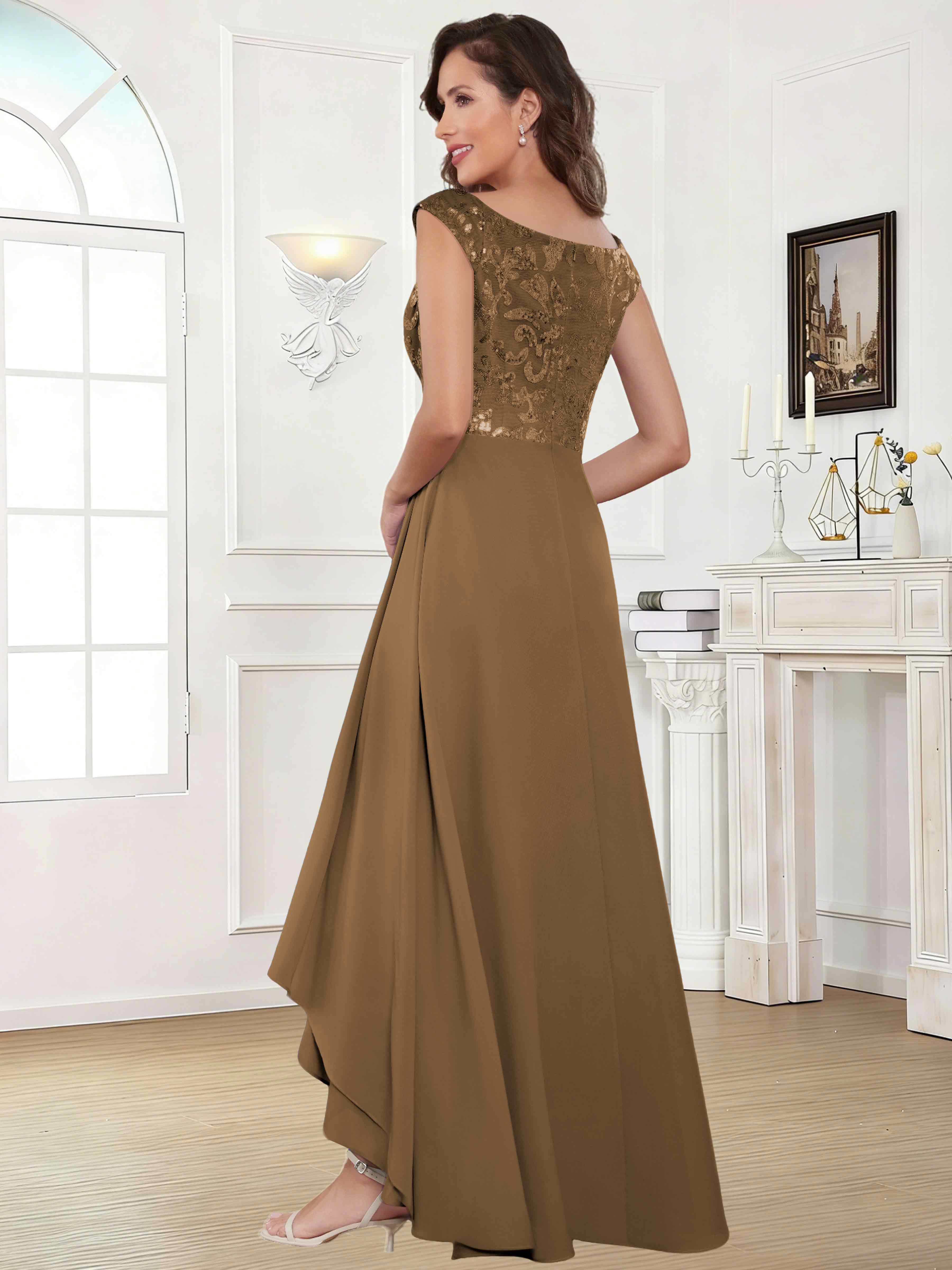 ROVDESY Tea Length Off-The-Shoulder Sequin Chiffon Mother Of The Bride Dress