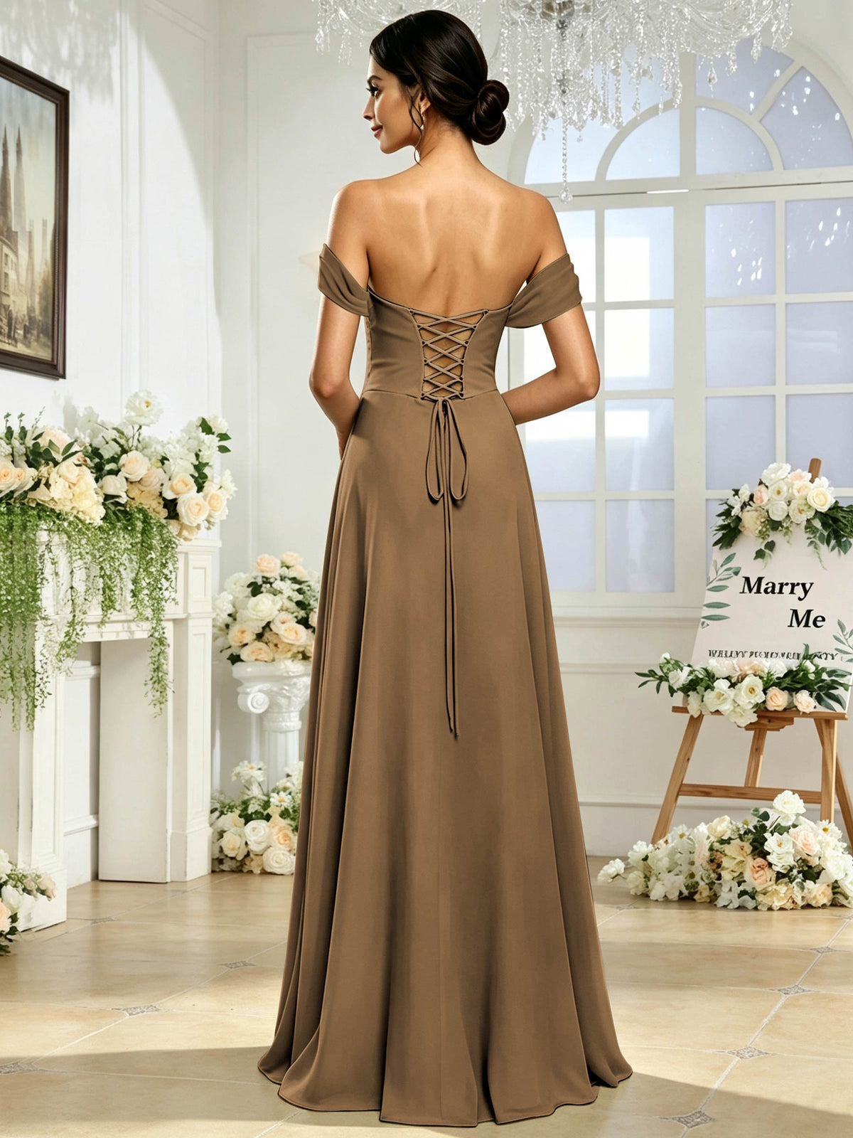 Off the Shoulder Chiffon A Line Long Bridesmaid Dress with Slit