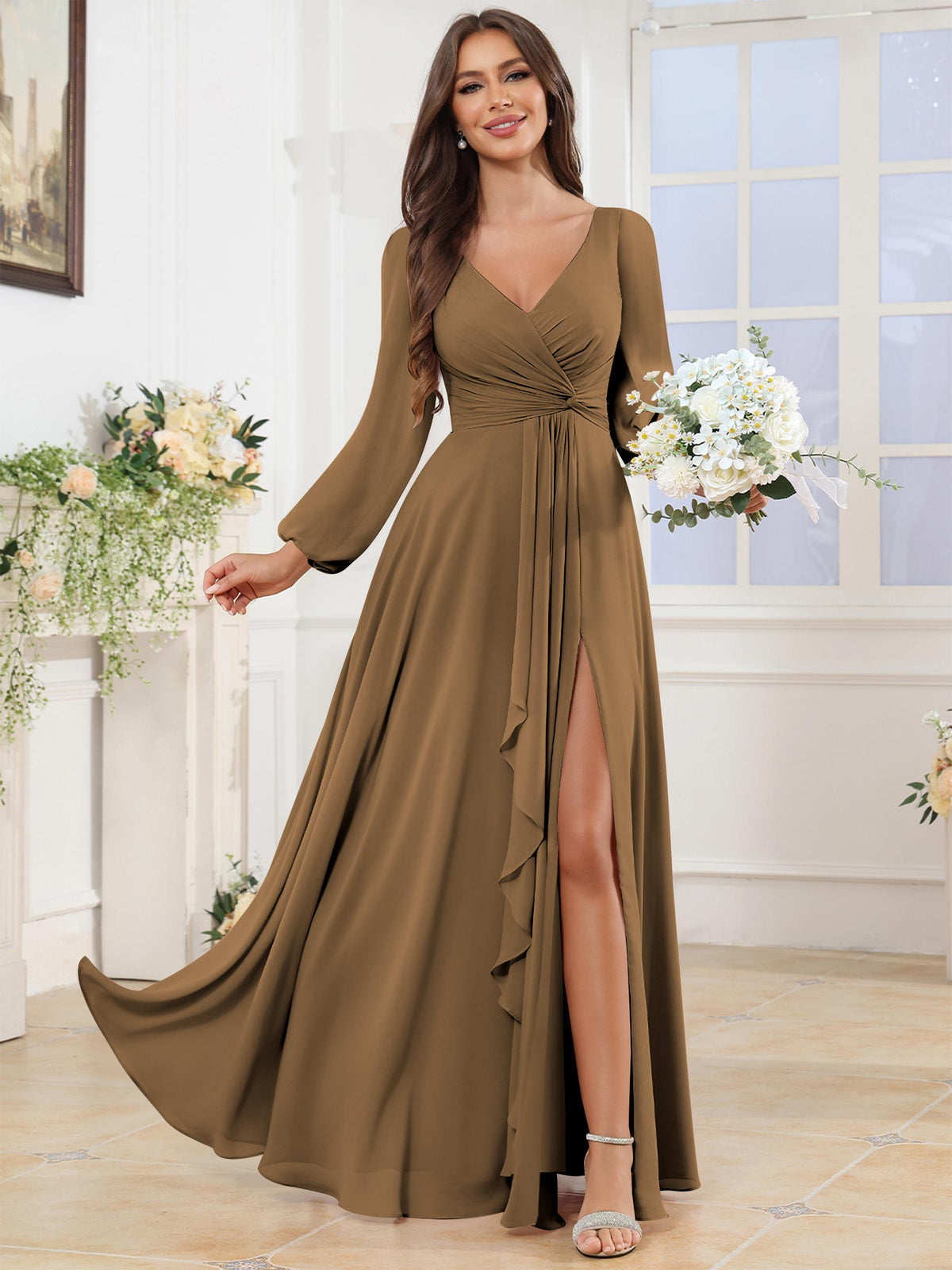 V Neck Chiffon Long Sleeve Bridesmaid Dresses with Slit