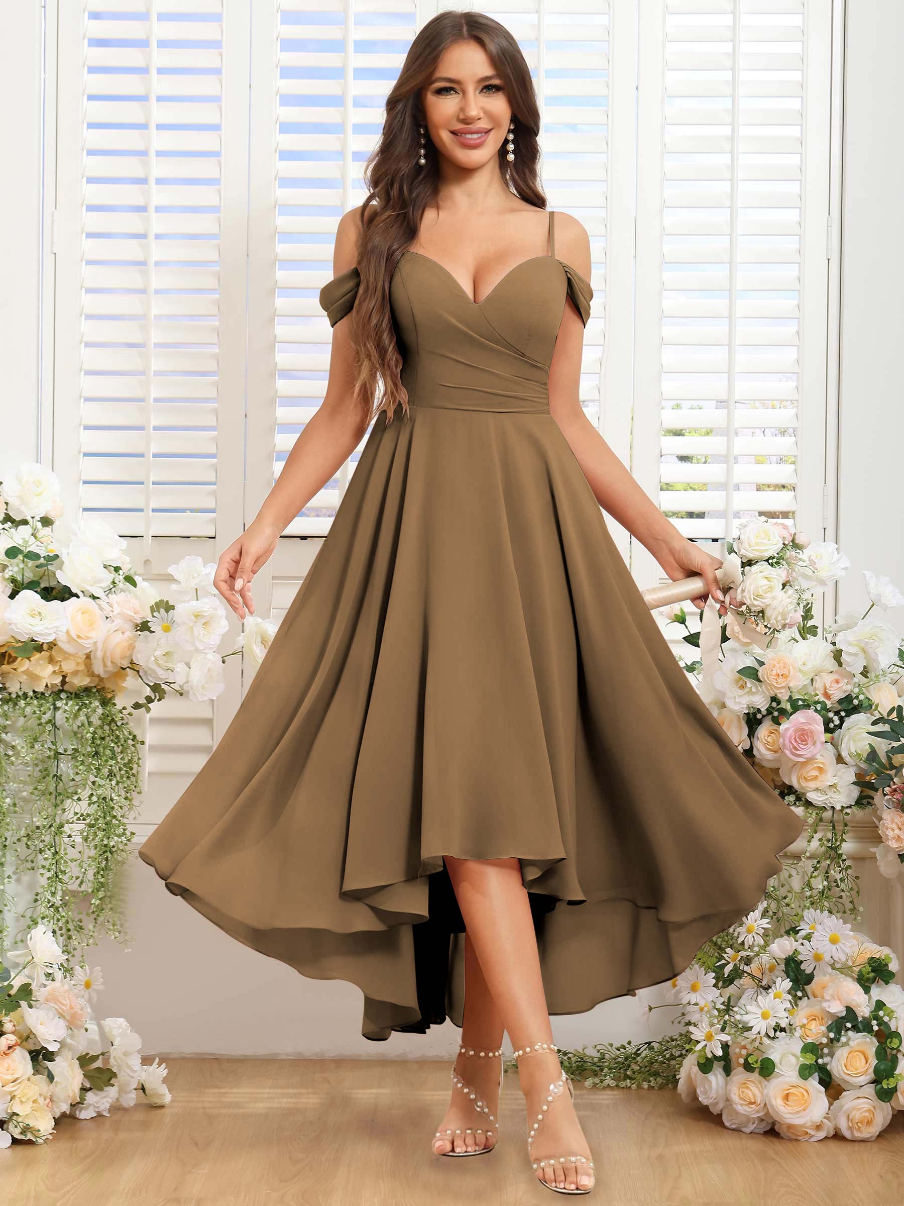 ROVDESY ROVDESY Short Cold Shoulder Sweetheart High Low Pleated Chiffon Bridesmaid Dress