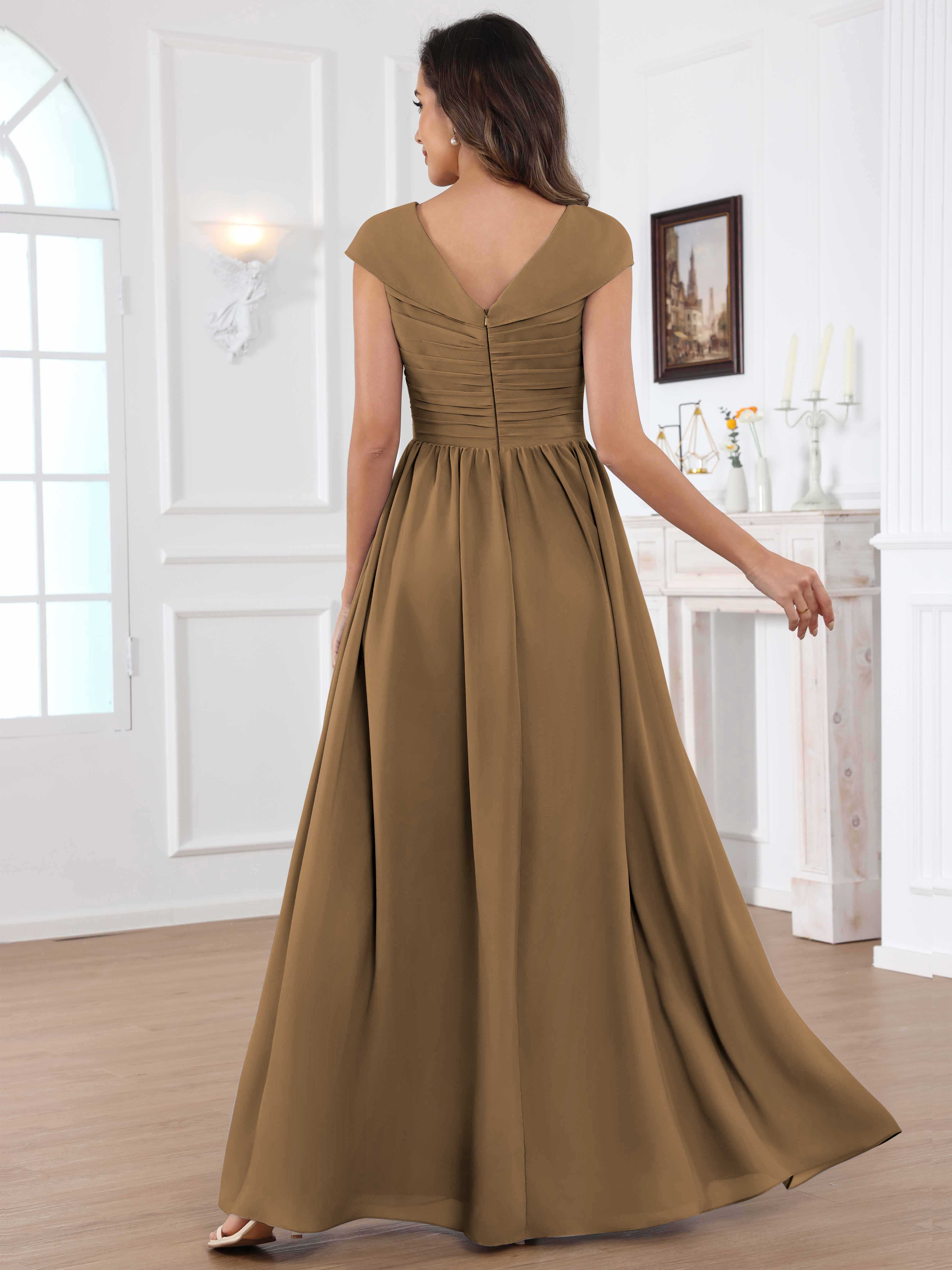 ROVDESY A-Line Cap Sleeves Pleated Chiffon Mother Of The Bride Dress
