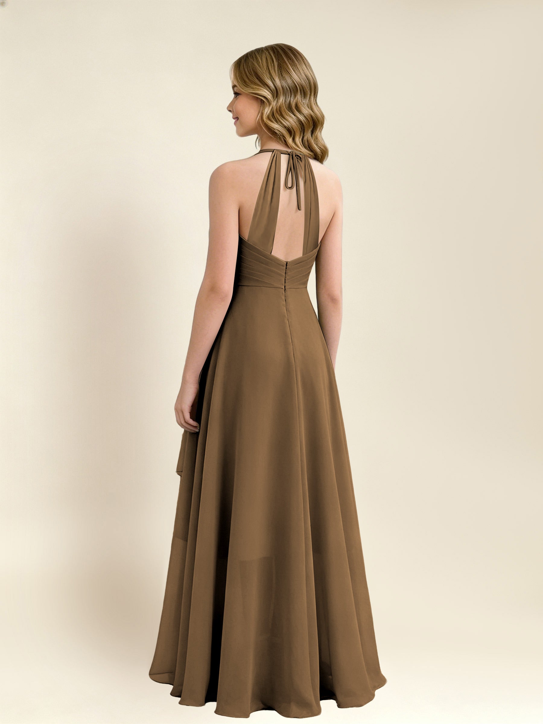ROVDESY A-Line Halter Pleated Chiffon Junior Bridesmaid Dress
