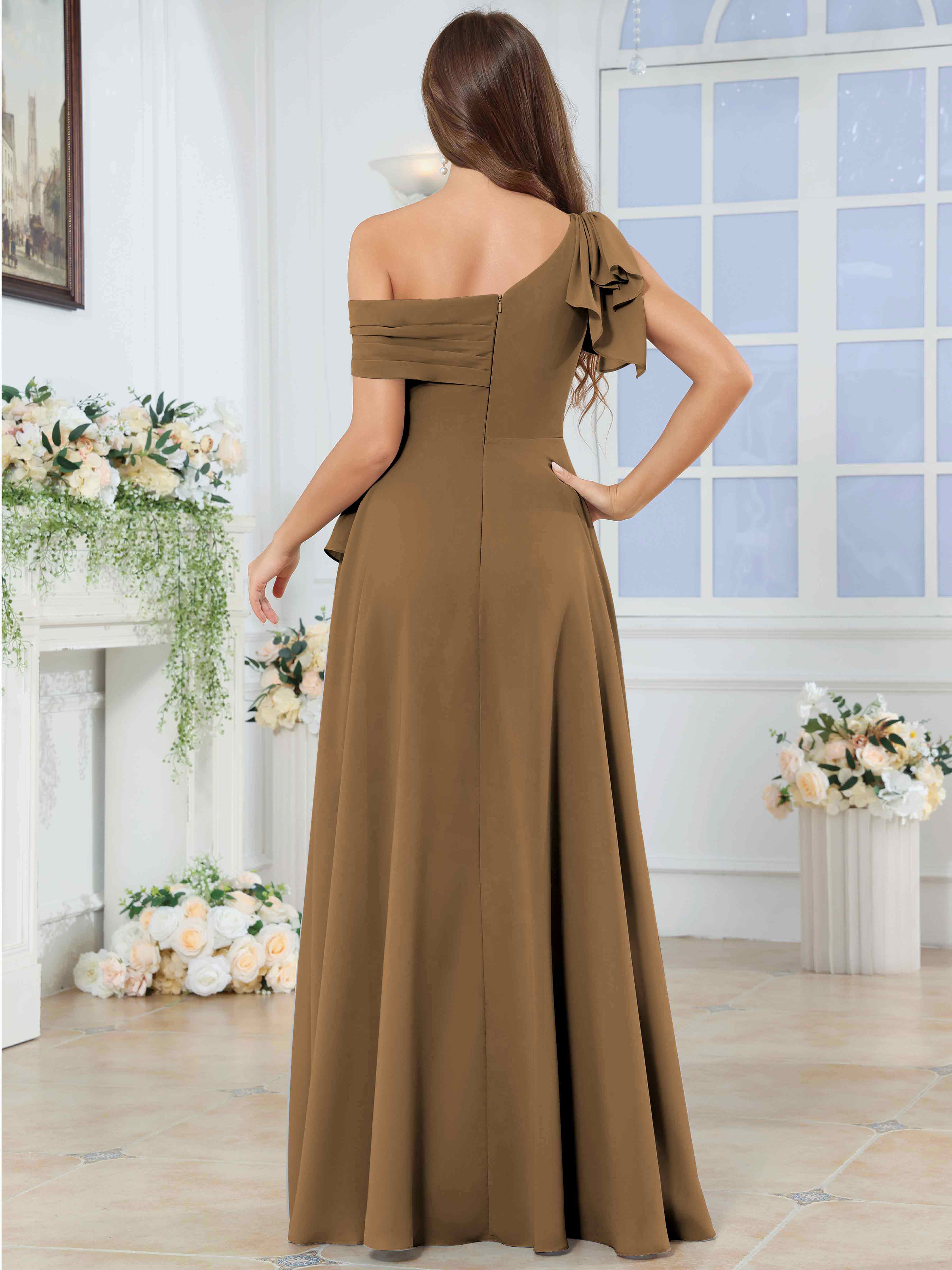 ROVDESY One Shoulder Pleated Ruffle Chiffon Bridesmaid Dress With Slit