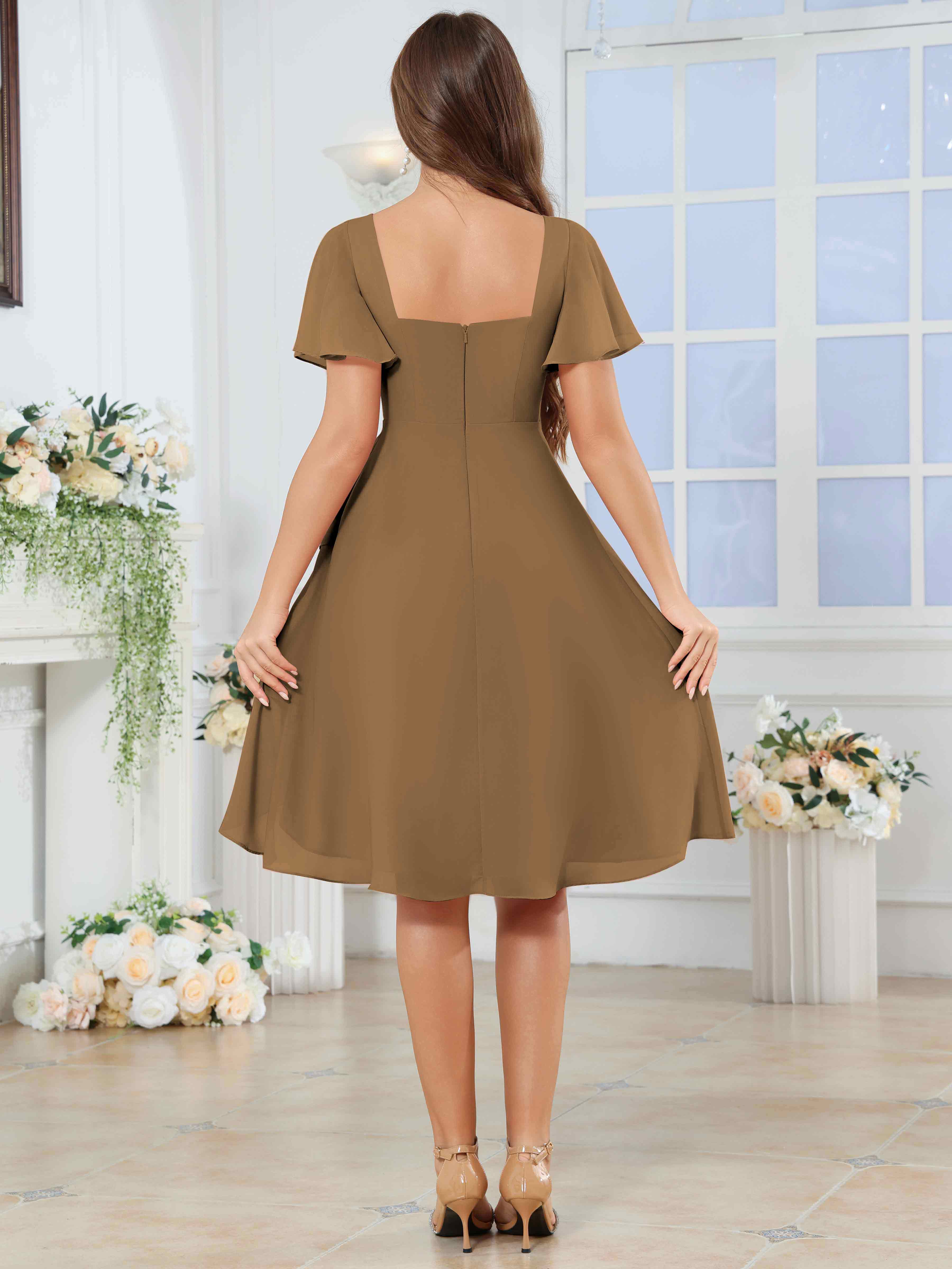 ROVDESY Knee Length V-Neck Pleated Chiffon Bridesmaid Dress With Short Sleeves