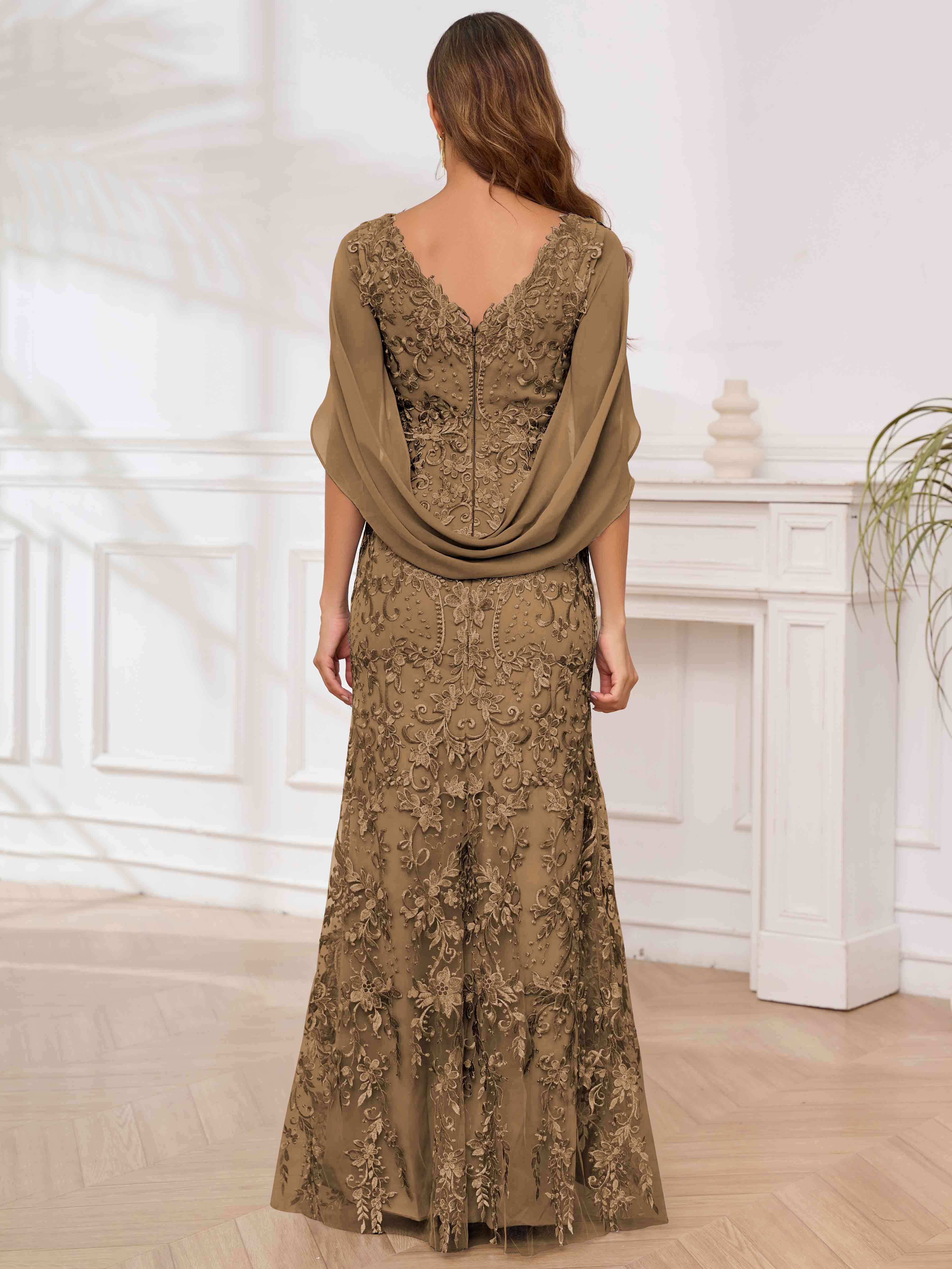 ROVDESY V-Neck Lace Mermaid Mother Of The Bride Dress With Cape Sleeves Long Formal Gown