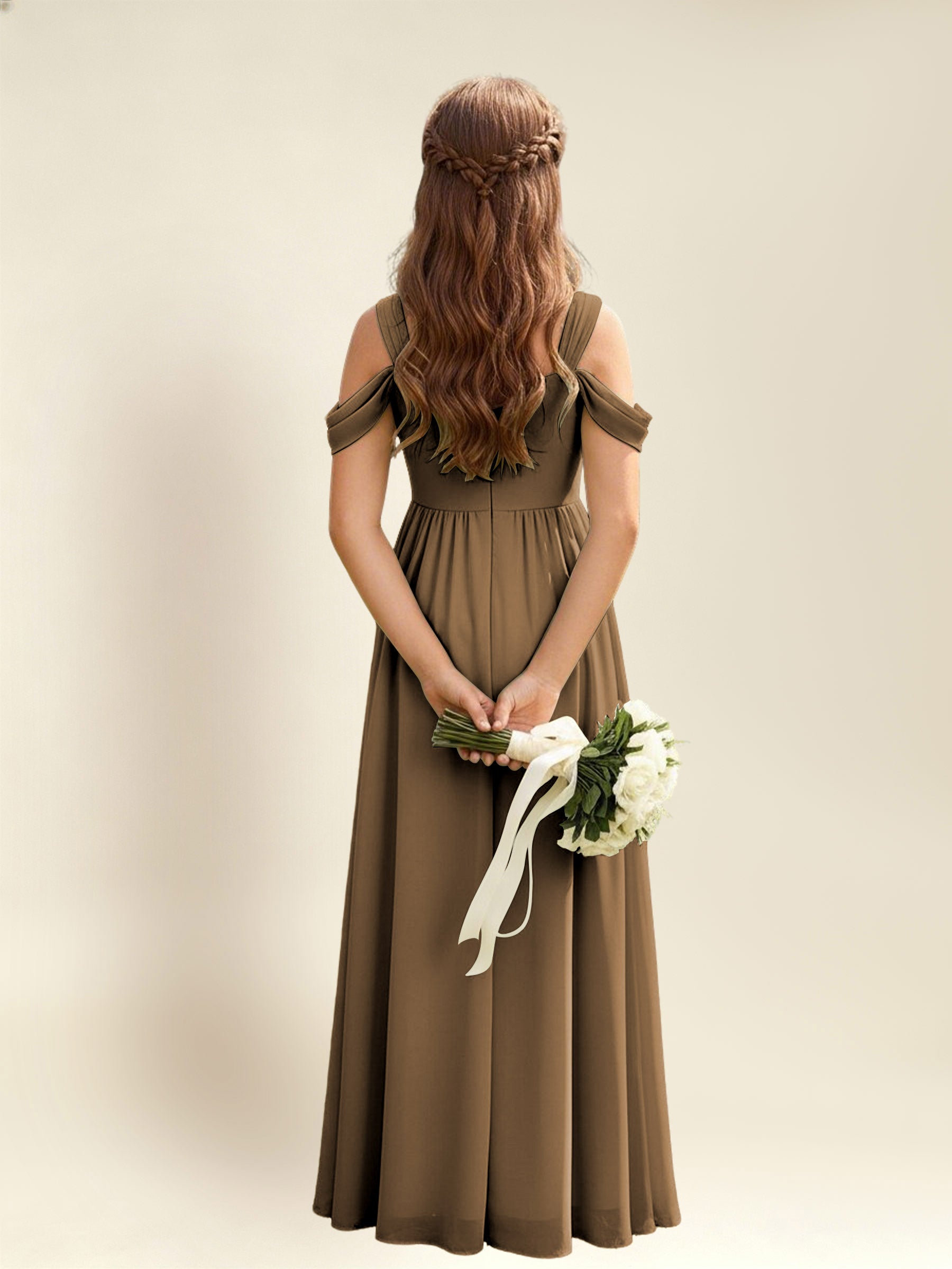 ROVDESY A-Line Off The Shoulder Pleated Chiffon Junior Bridesmaid Dress