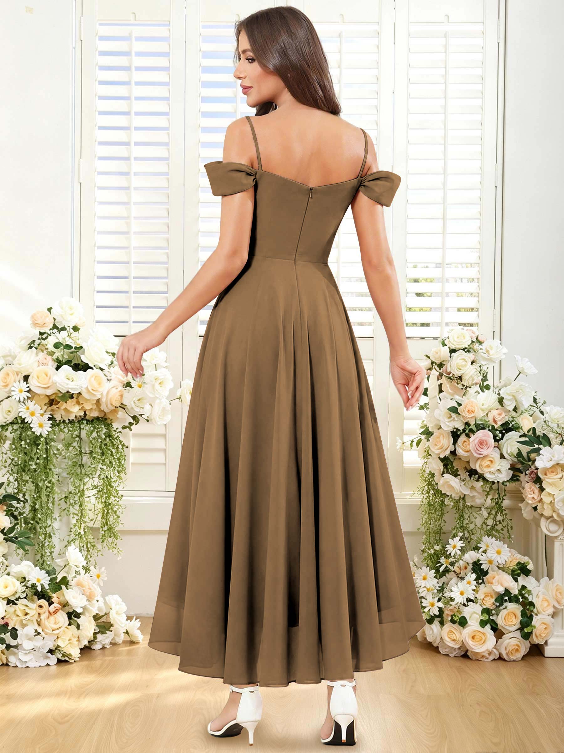 ROVDESY ROVDESY Short Cold Shoulder Sweetheart High Low Pleated Chiffon Bridesmaid Dress