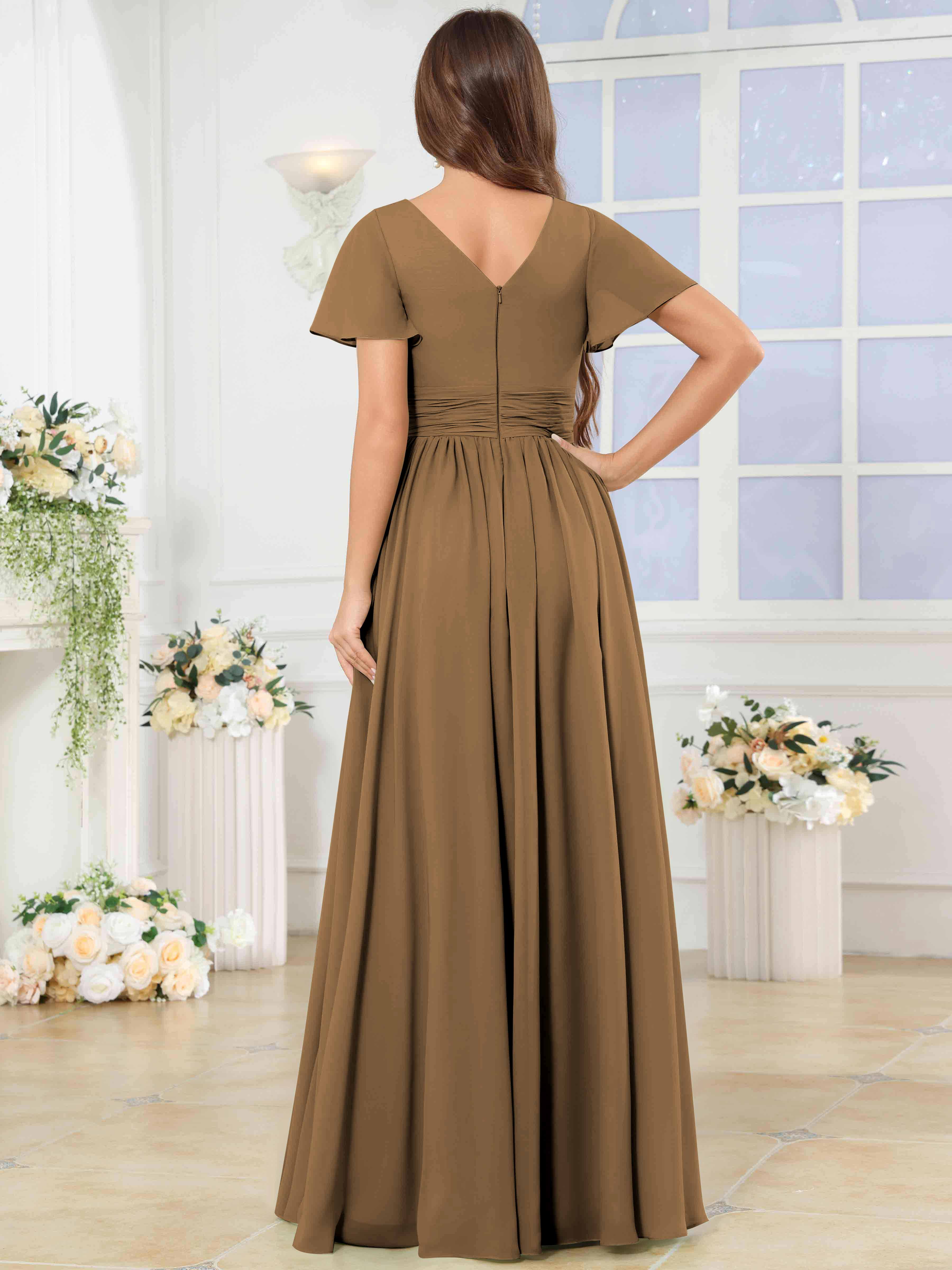 ROVDESY A-Line V-Neck Slit Pleated Ruffle Chiffon Bridesmaid Dress With Short Sleeves
