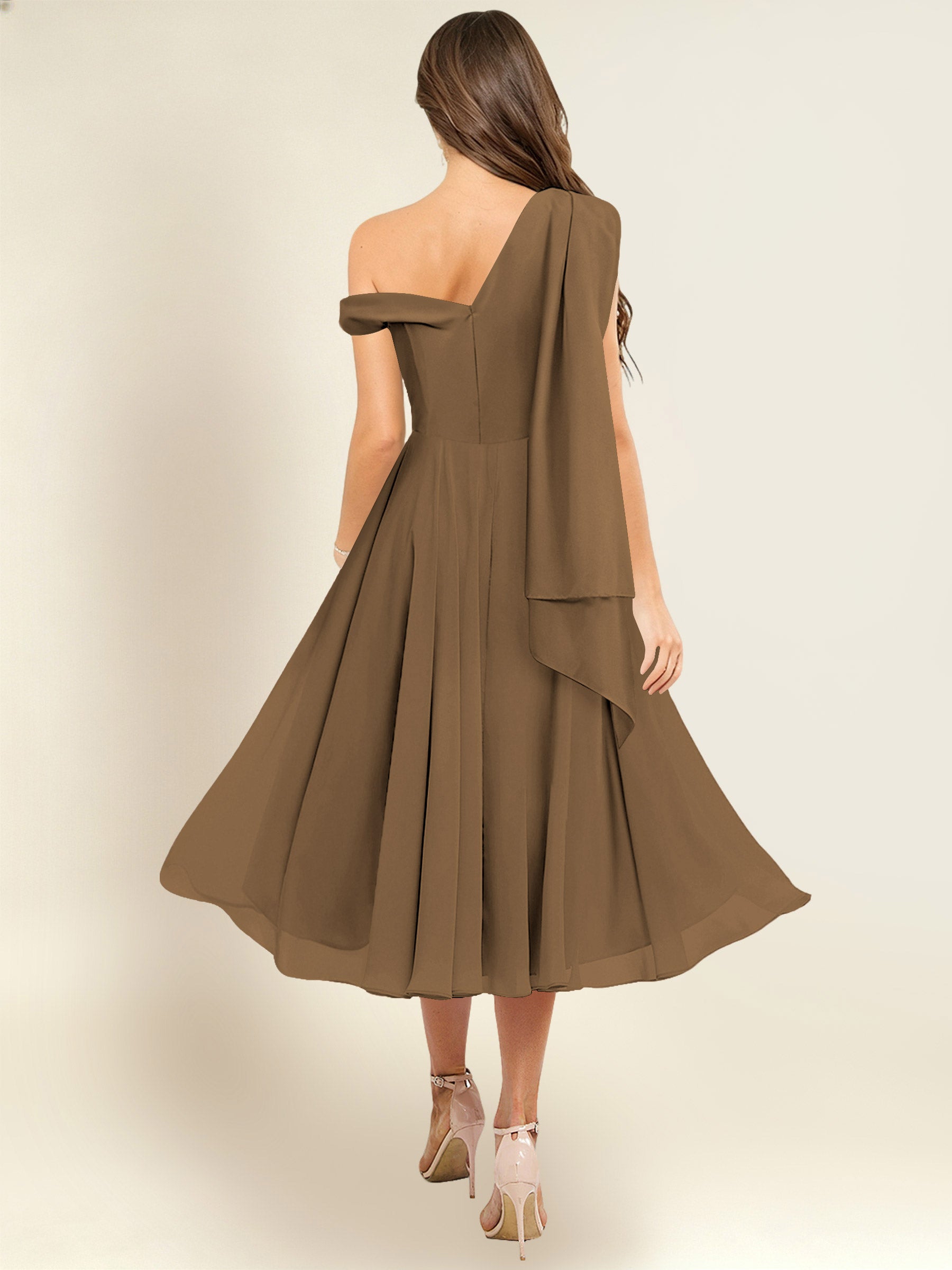 ROVDESY A-Line One Shoulder Pleated Chiffon Bridesmaid Dress With Flowing Sash