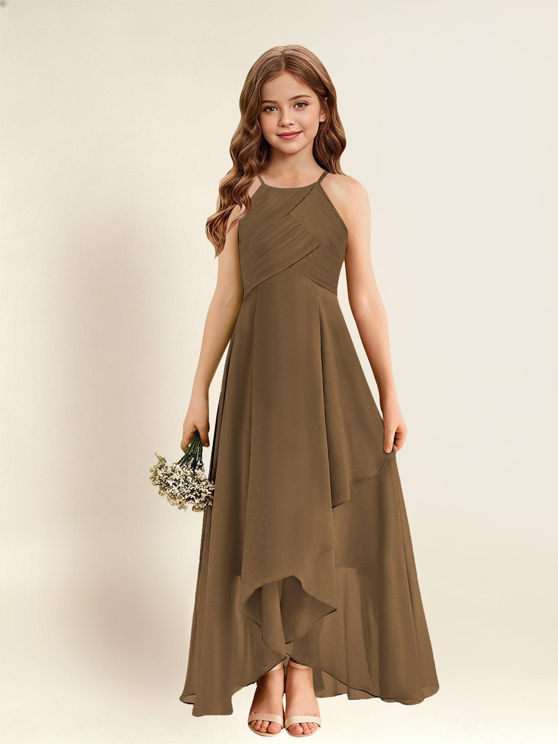 ROVDESY A-Line Halter Pleated Chiffon Junior Bridesmaid Dress
