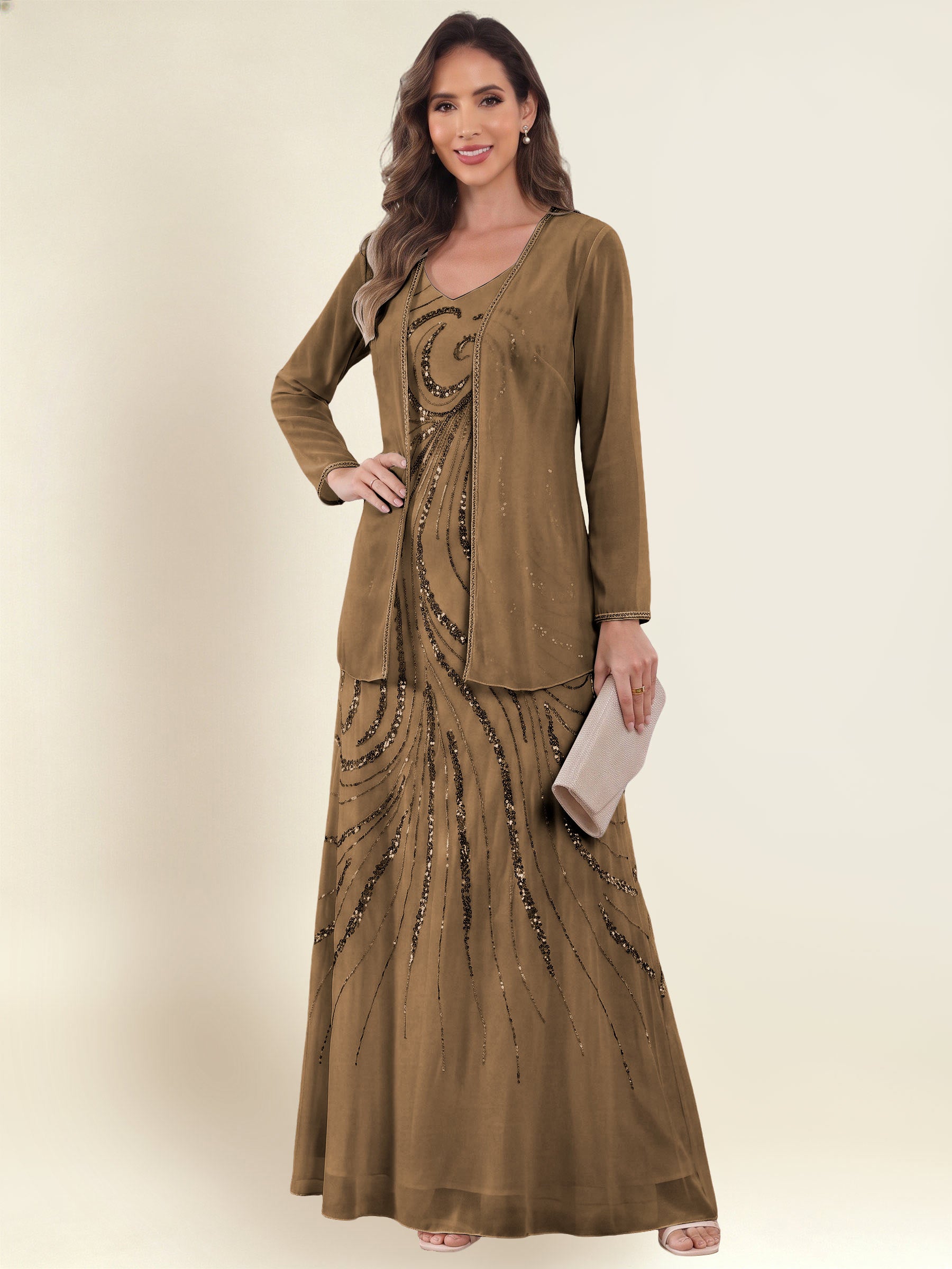 ROVDESY 2 Pieces V-Neck Sequin Chiffon Long Mother Of The Bride Dress With Long Sleeve Jacket