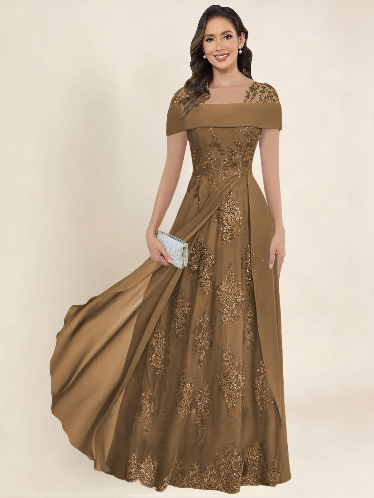 ROVDESY A-Line Off The Shoulder Lace Chiffon Long Mother of the Bride Dress Formal Gown