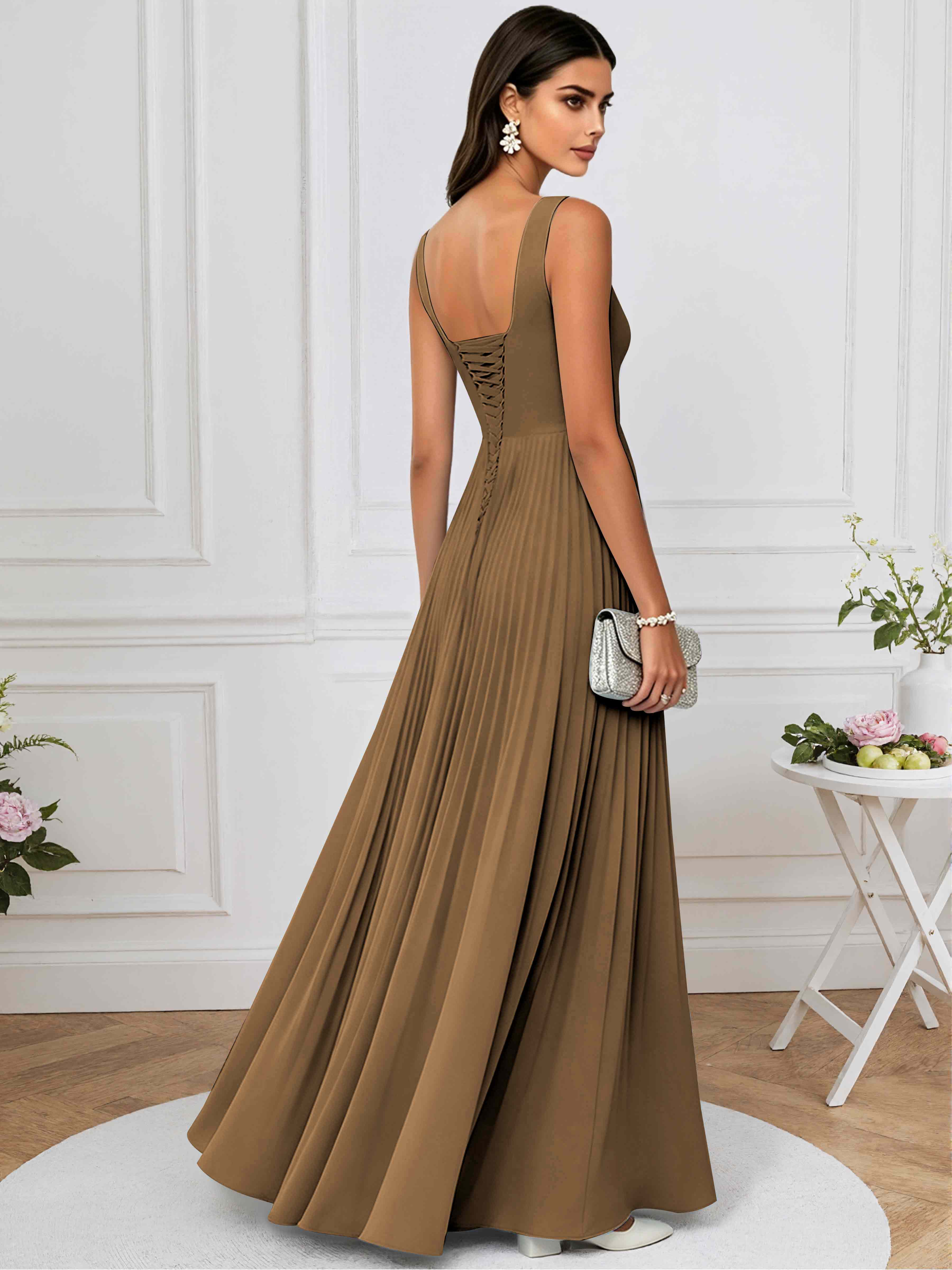 ROVDESY A-Line Square Neck Pleated Chiffon Long Bridesmaid/Prom Dress