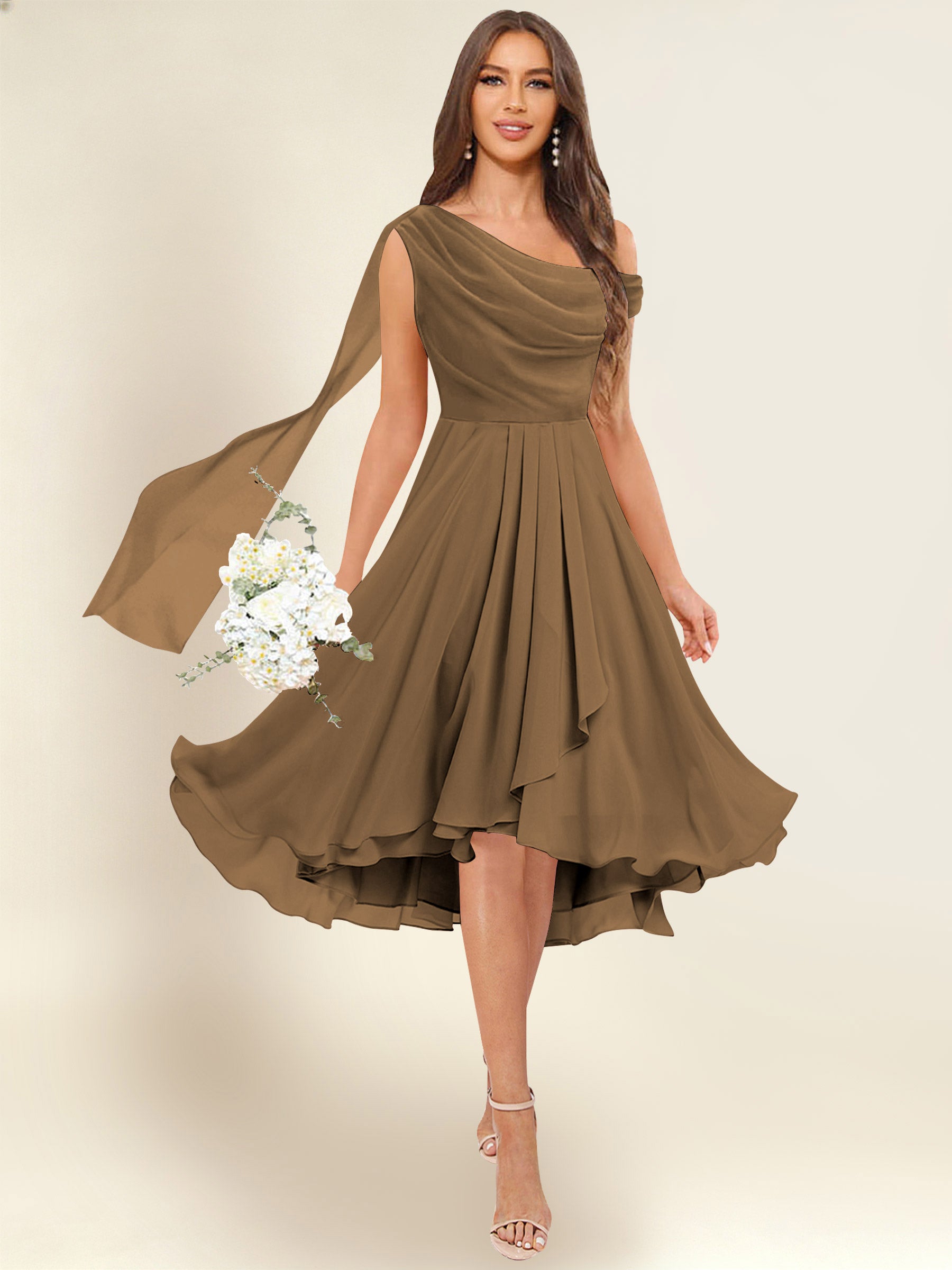 ROVDESY A-Line One Shoulder Pleated Chiffon Bridesmaid Dress With Flowing Sash