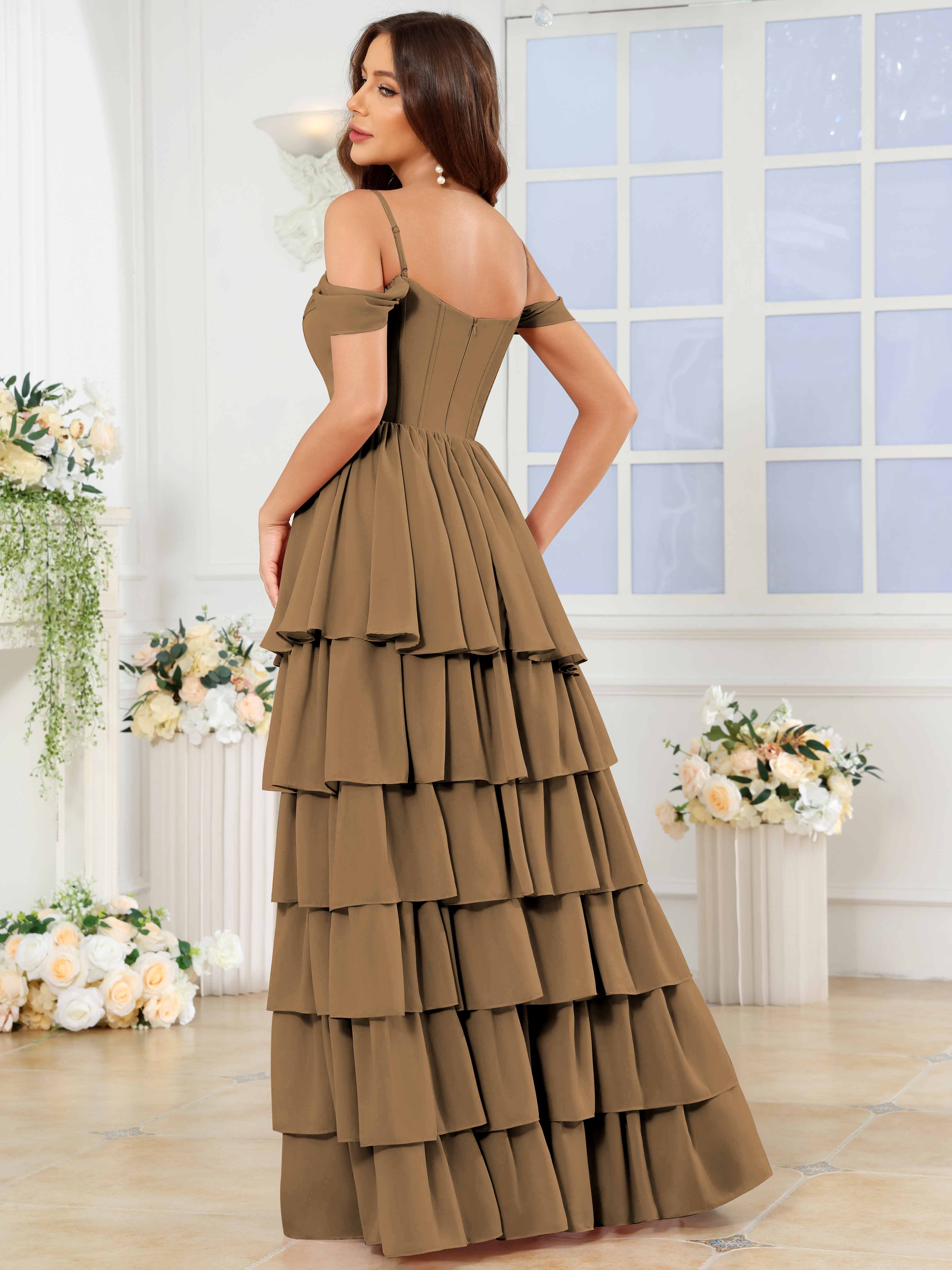 ROVDESY A-Line Off The Shoulder Tiered Chiffon Bridesmaid/Prom Dress With Slit