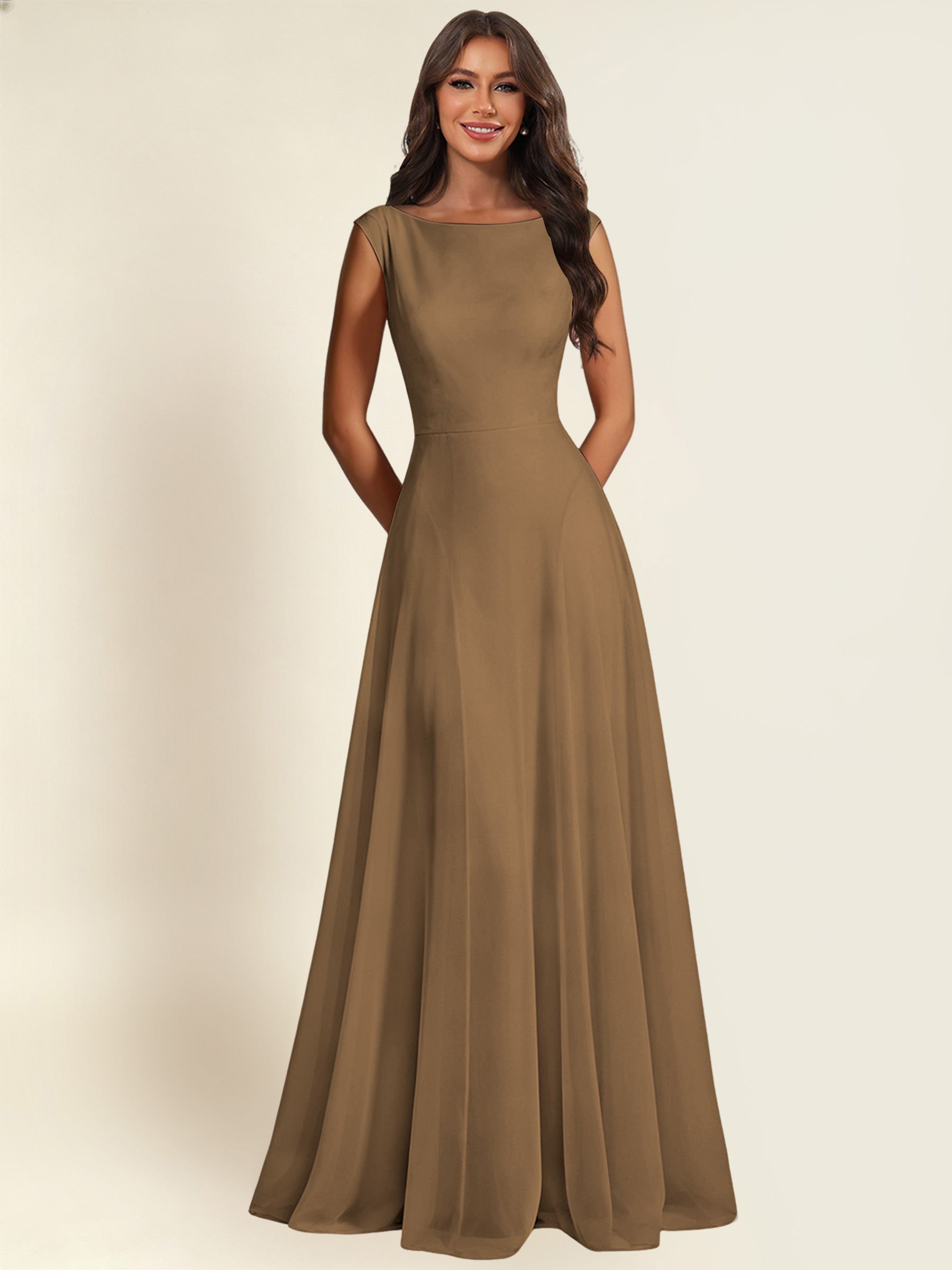 ROVDESY A-Line Chiffon Long Bridesmaid Dress With Sleeveless
