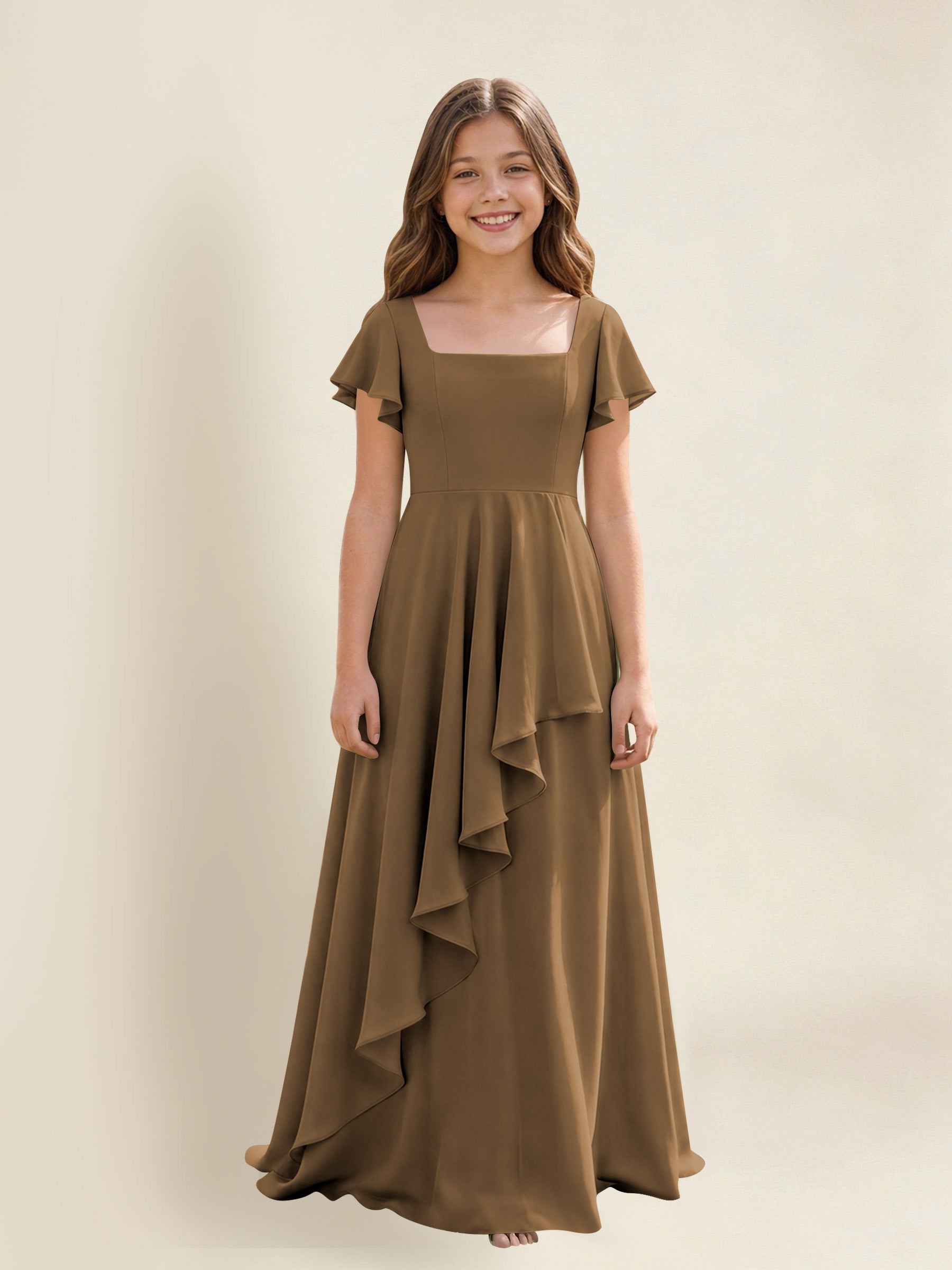 ROVDESY A-Line Square Neck Ruffle Chiffon Junior Bridesmaid Dress With Short Sleeves