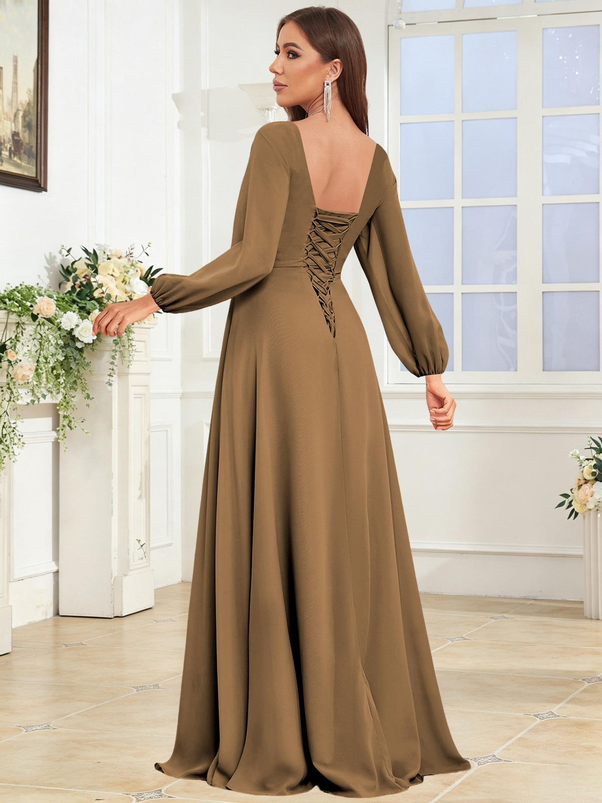 V Neck Chiffon Long Sleeve Bridesmaid Dresses with Slit