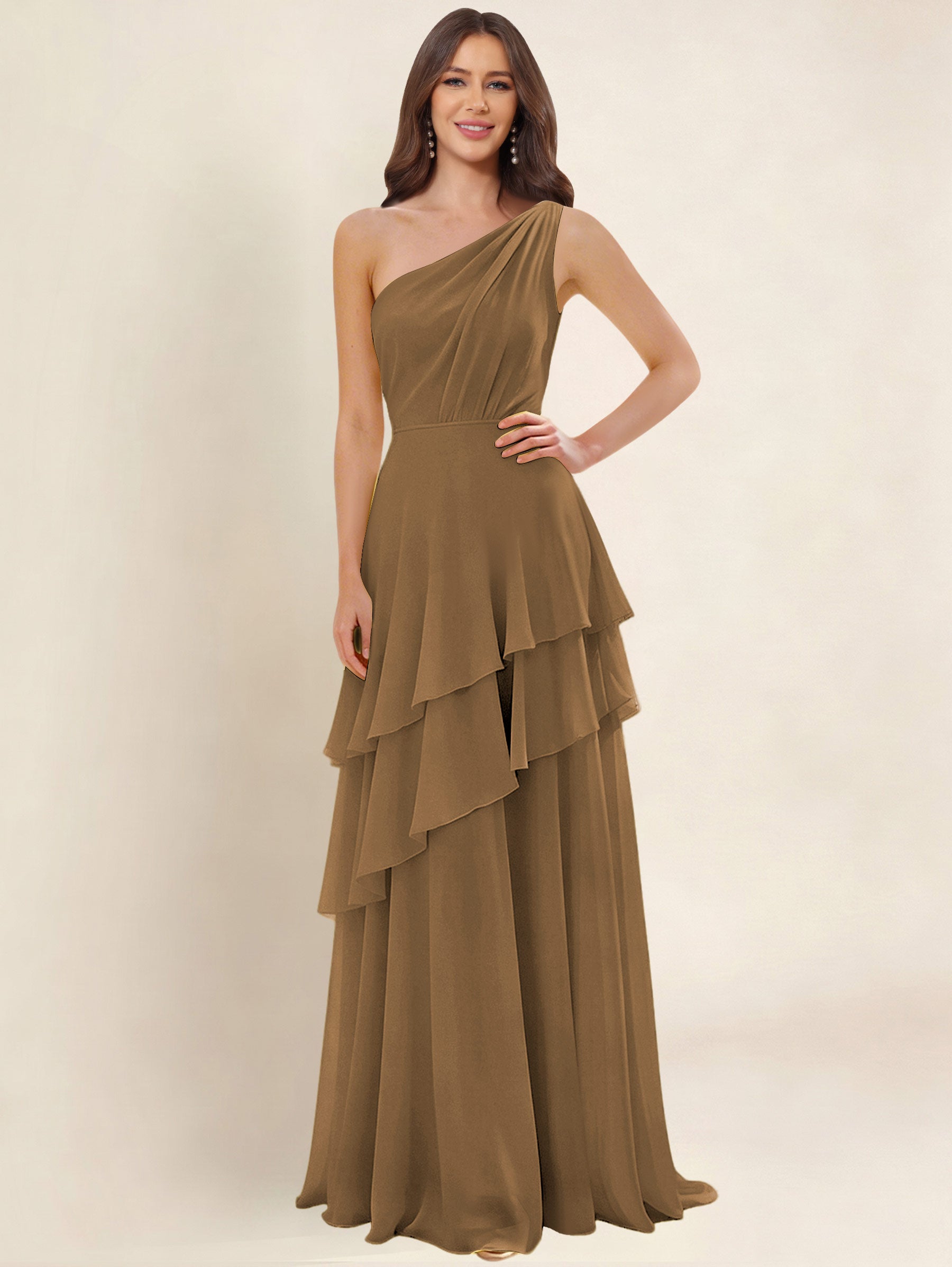 ROVDESY A-Line One Shoulder Pleated Tiered Chiffon Bridesmaid Dress