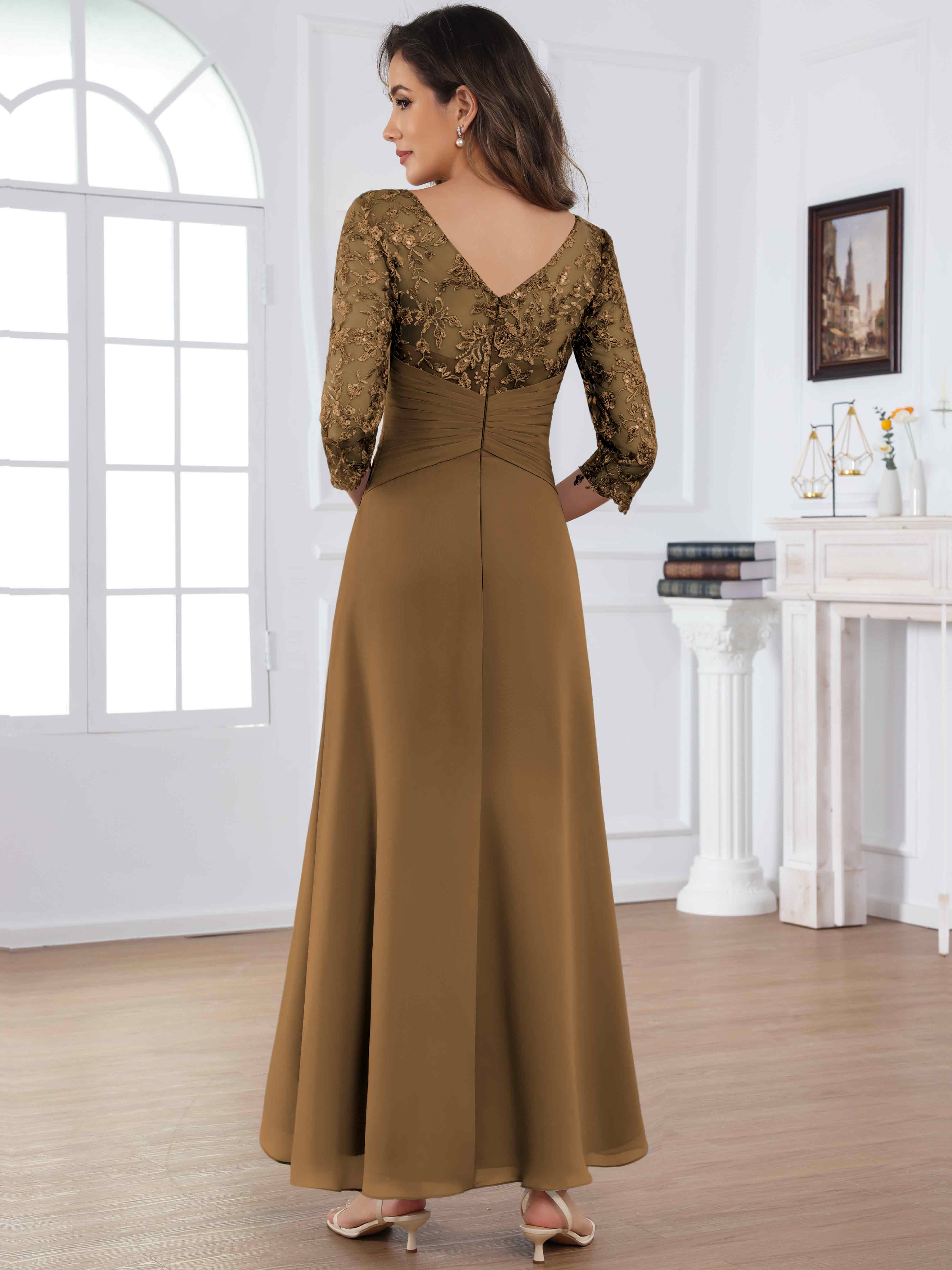 ROVDESY Tea Length Lace Chiffon Mother of The Bride Dress with 3/4 Sleeves