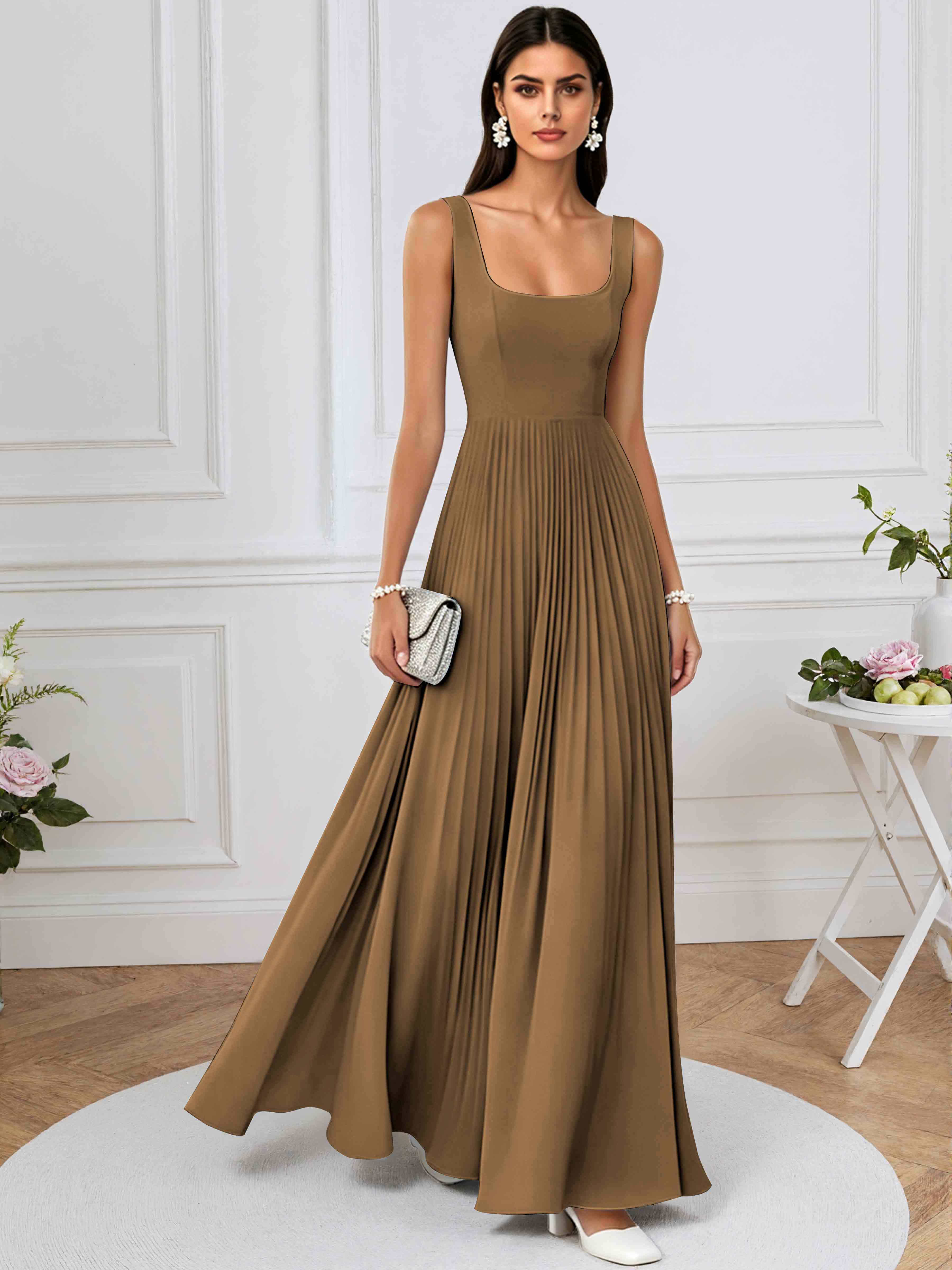 ROVDESY A-Line Square Neck Pleated Chiffon Long Bridesmaid/Prom Dress