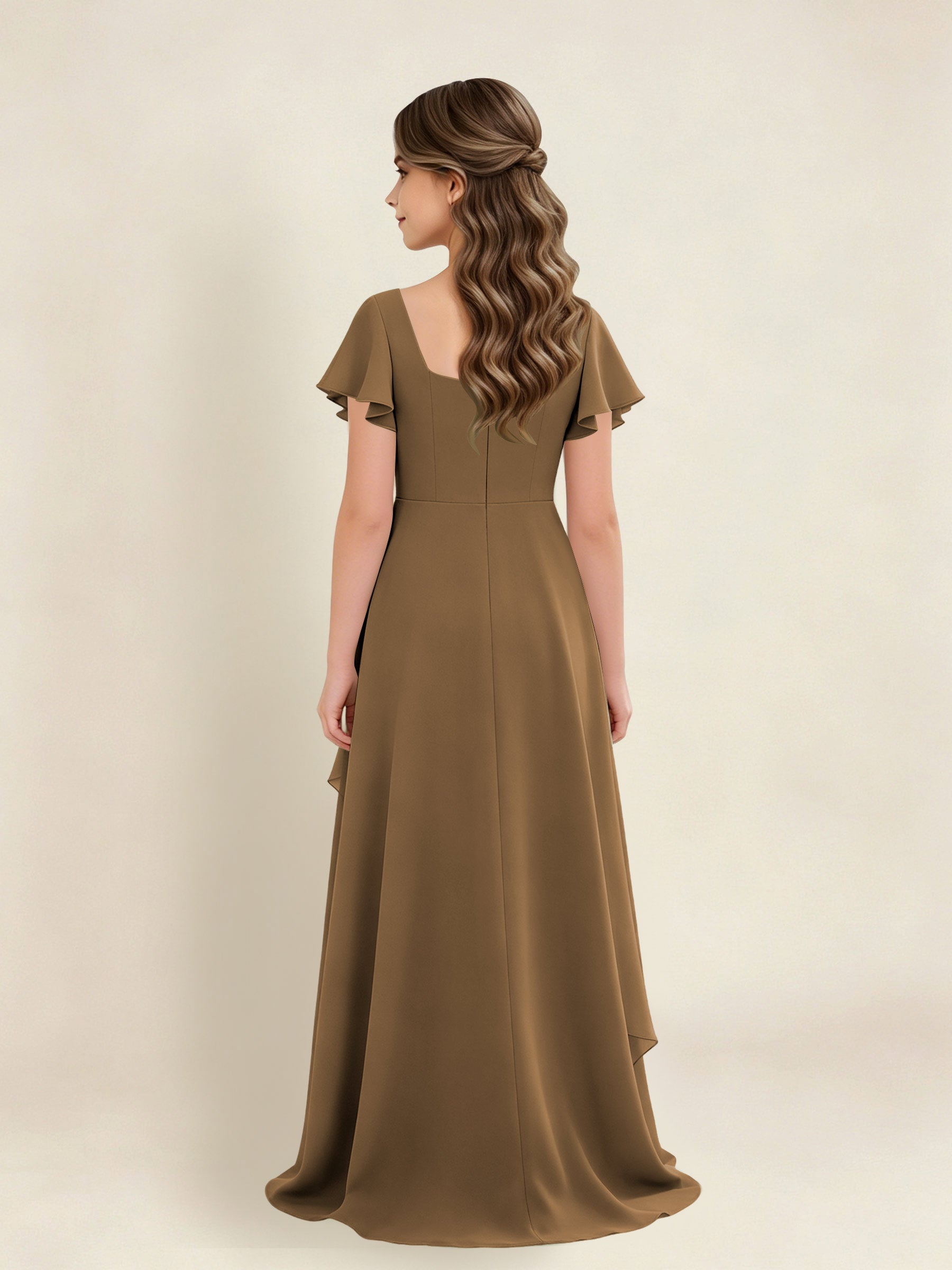 ROVDESY A-Line Square Neck Ruffle Chiffon Junior Bridesmaid Dress With Short Sleeves