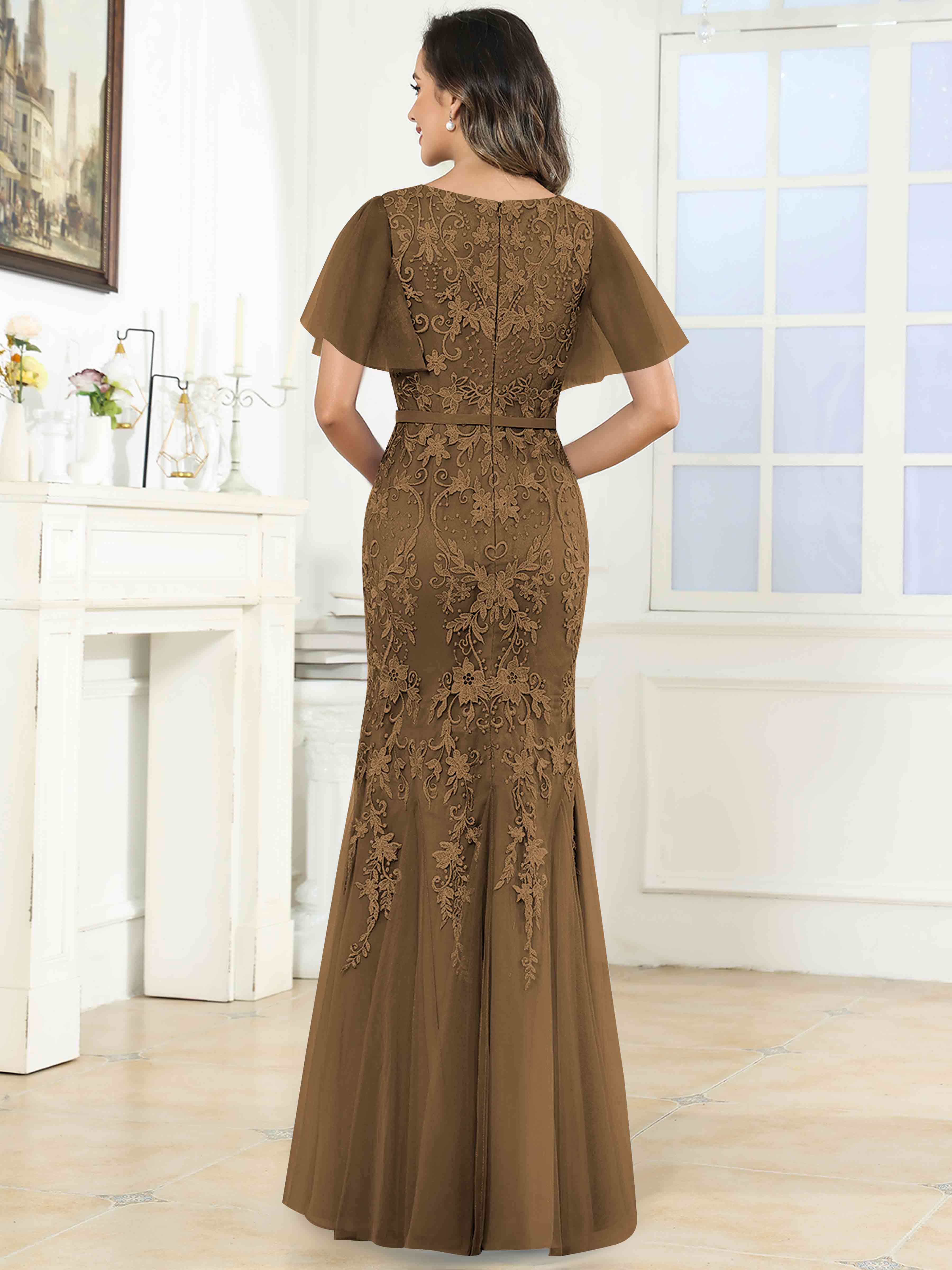 ROVDESY Elegant V-Neck Lace Mermaid Long Mother Of The Bride Dress Formal Gown With Sleeves