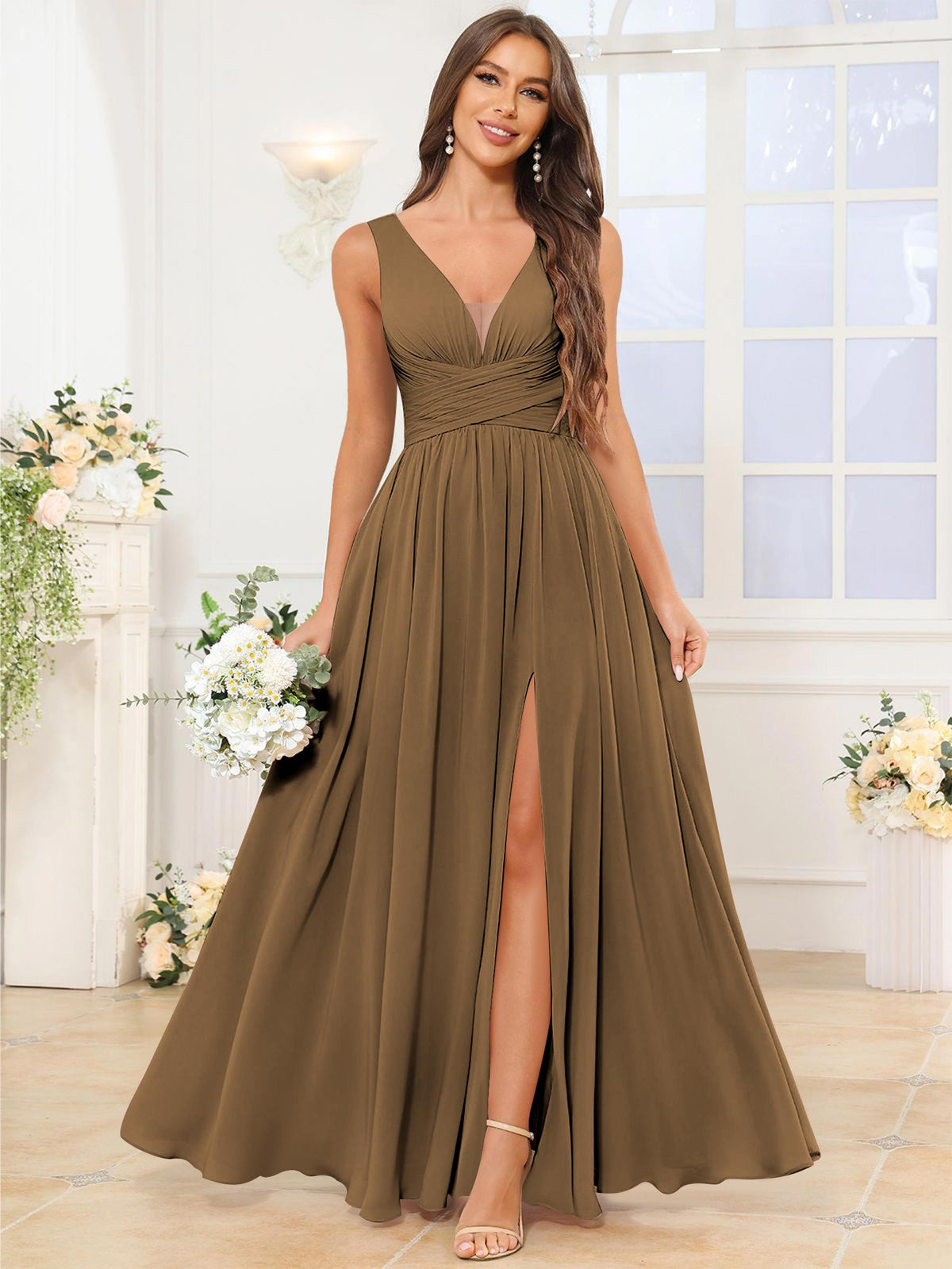 V Neck Chiffon A Line Bridesmaid Dress with Slit