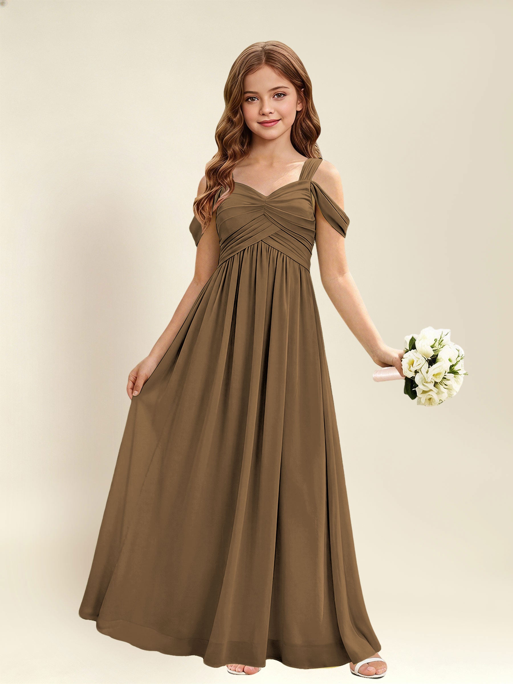 ROVDESY A-Line Off The Shoulder Pleated Chiffon Junior Bridesmaid Dress