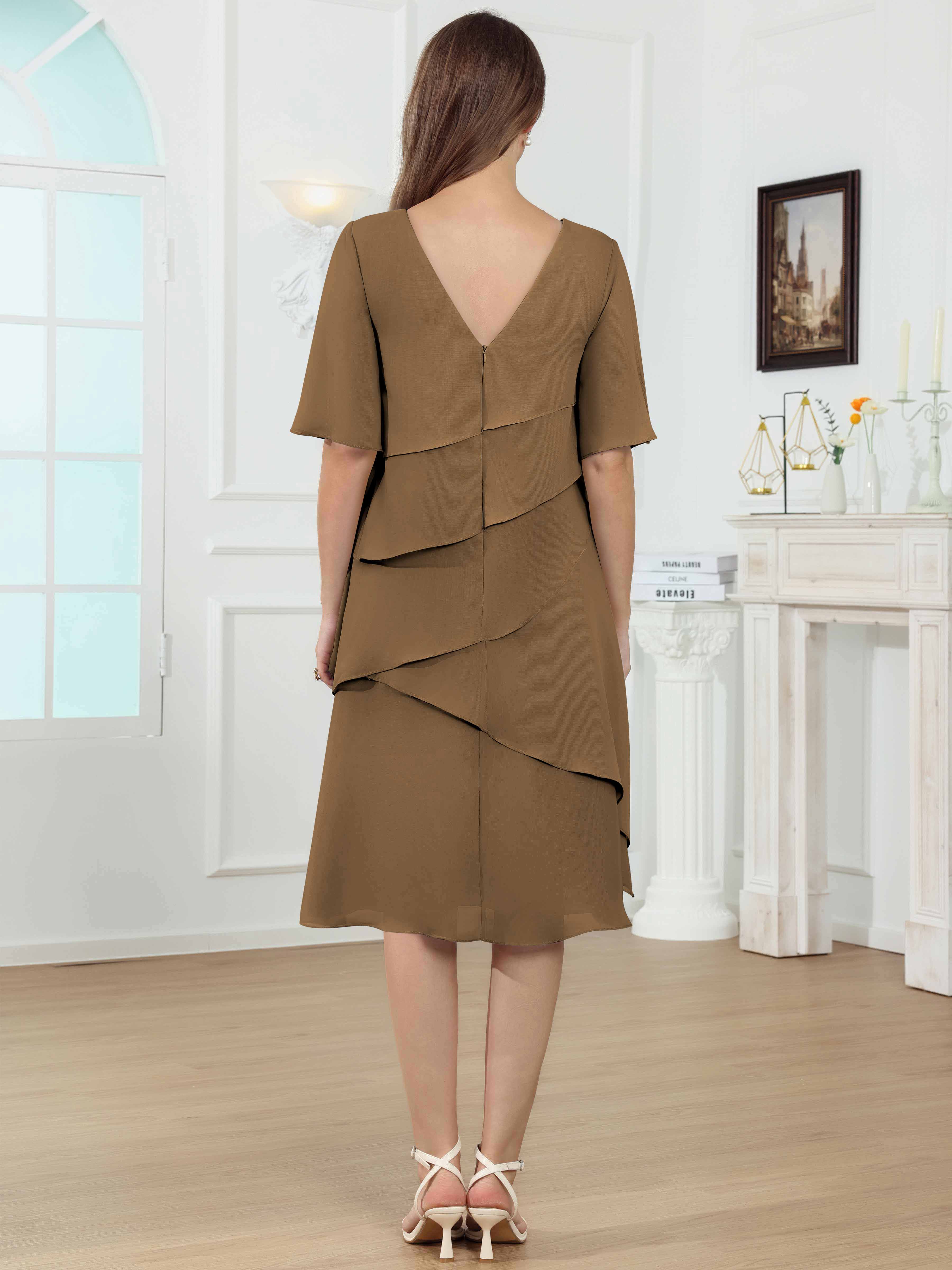 ROVDESY Knee Length Tiered Ruffle Chiffon Mother Of The Bride Dress With Half Sleeves