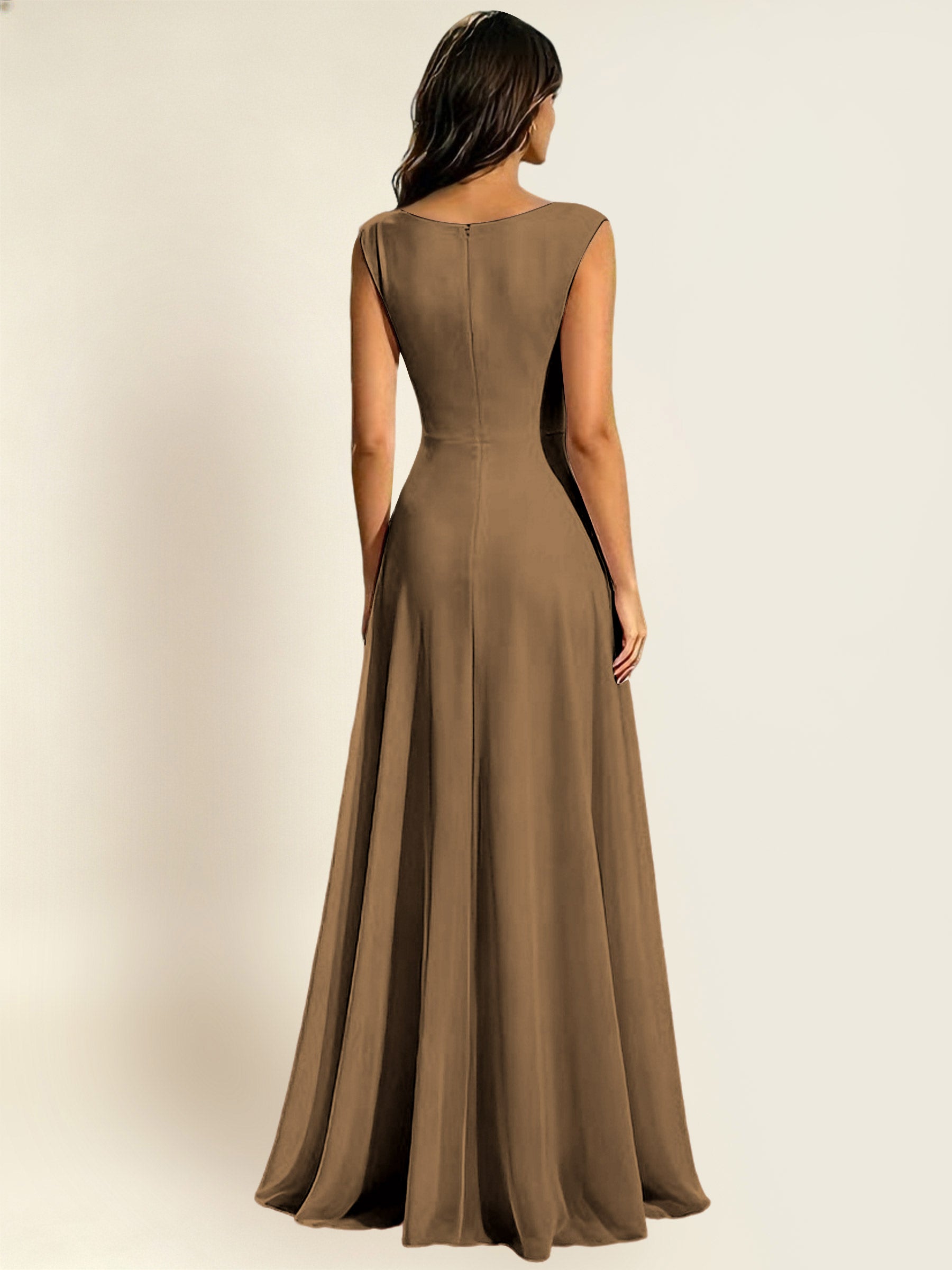 ROVDESY A-Line Chiffon Long Bridesmaid Dress With Sleeveless