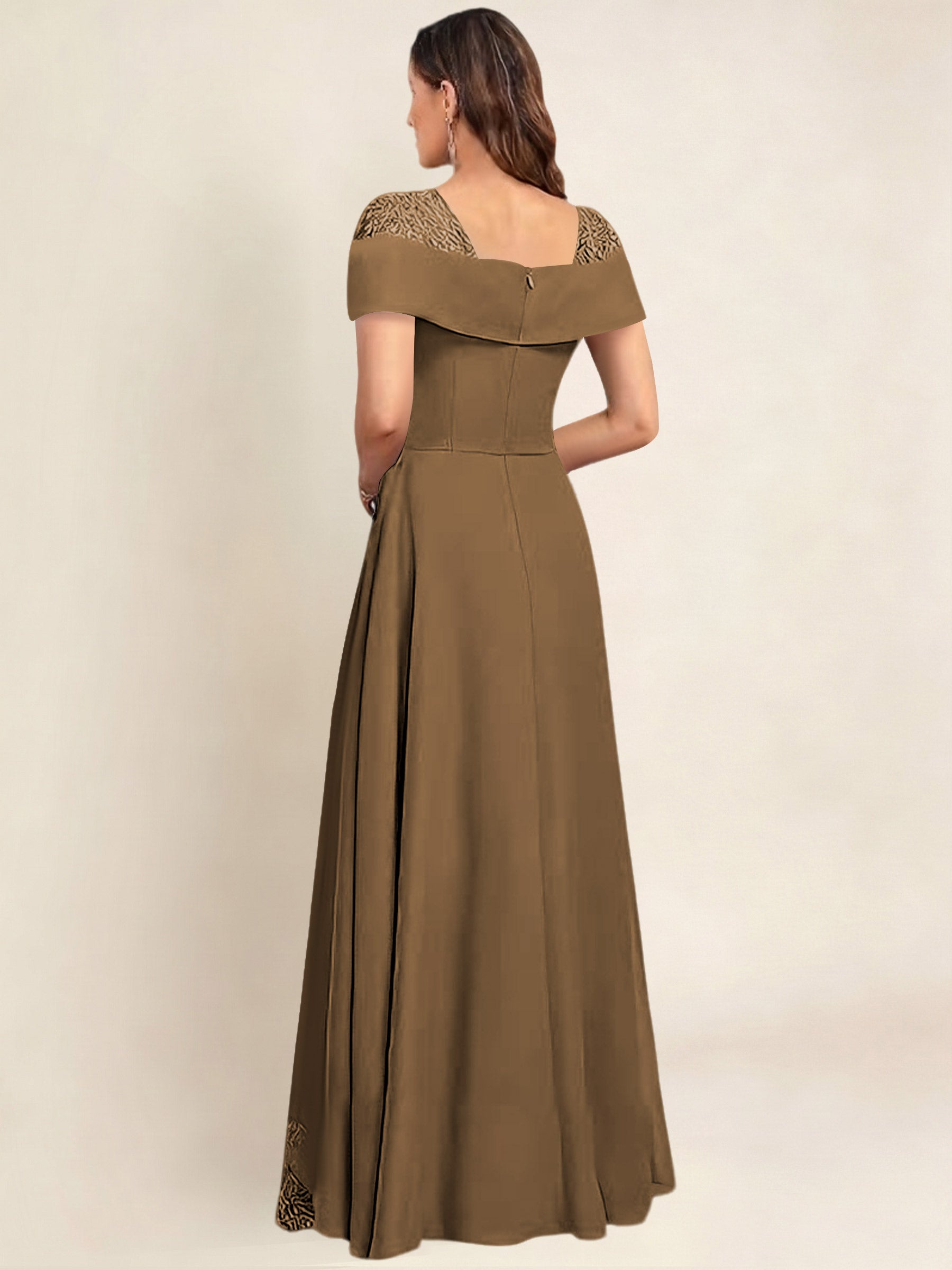 ROVDESY A-Line Off The Shoulder Lace Chiffon Long Mother of the Bride Dress Formal Gown