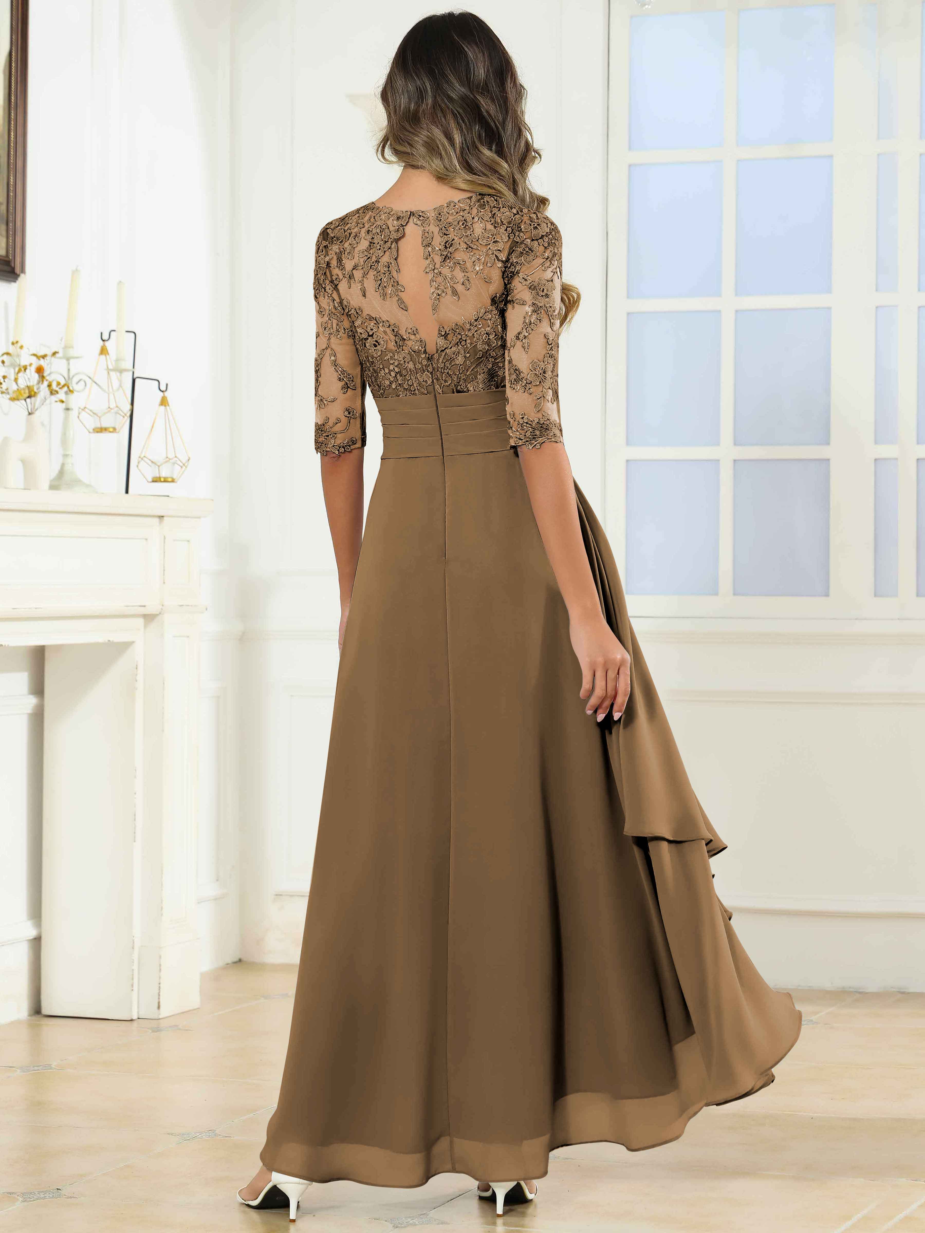 ROVDESY Tea Length A-Line Lace Chiffon Mother Of The Bride Dress With Half Sleeves