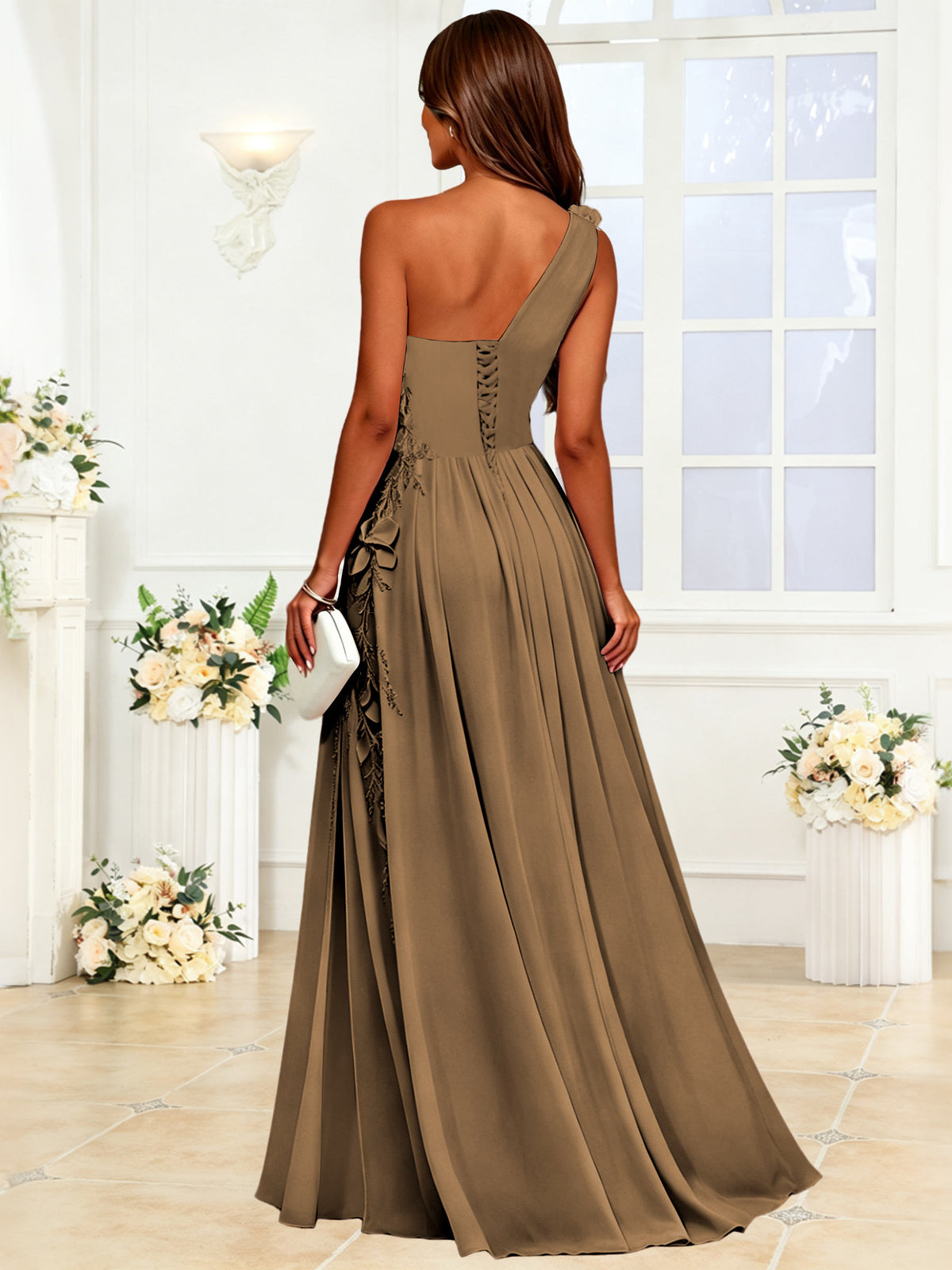 One Shoulder 3D Flower Chiffon Bridesmaid Dress with Slit