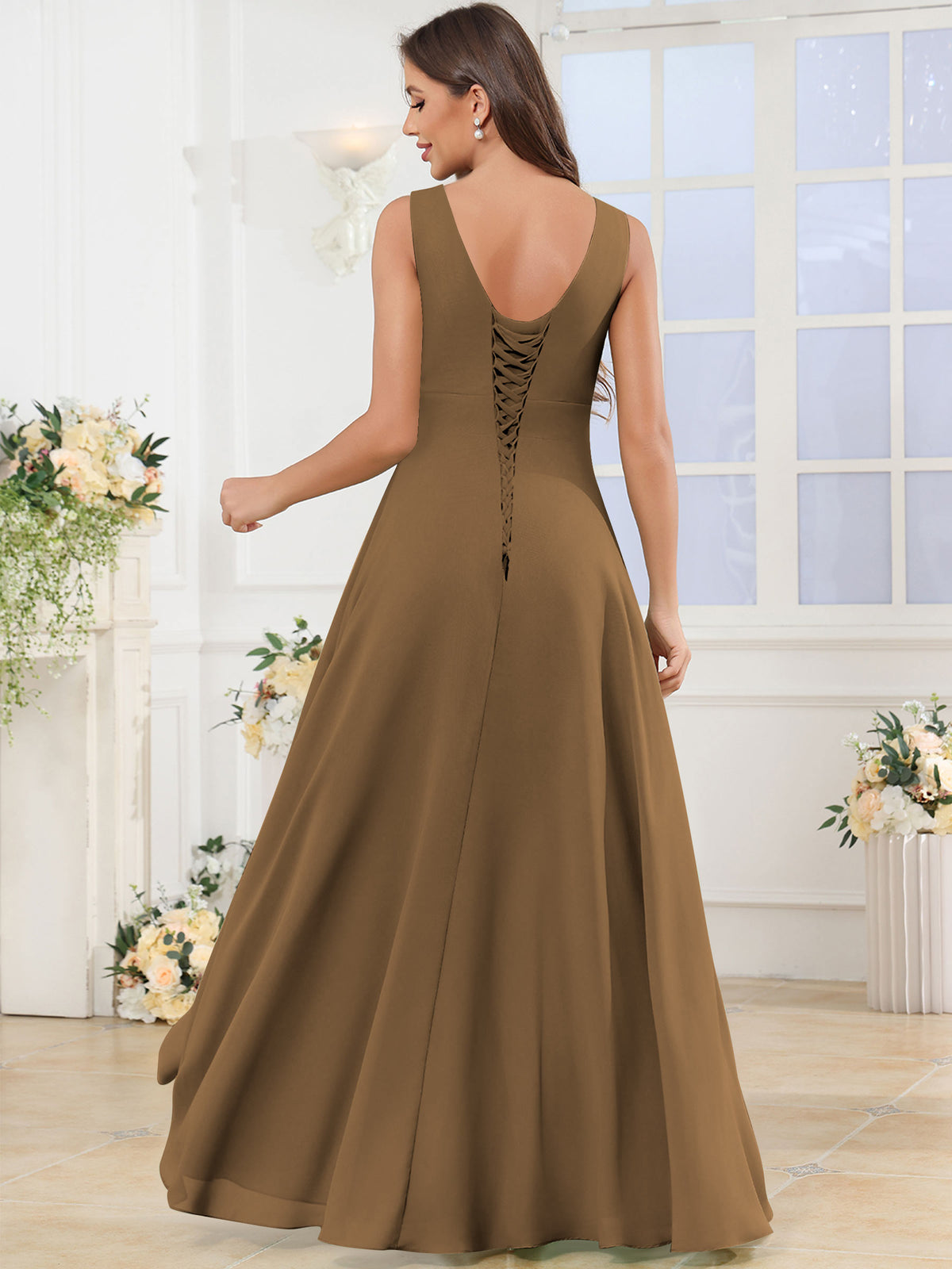 V Neck Chiffon A Line Ruffle Bridesmaid Dress with Slit
