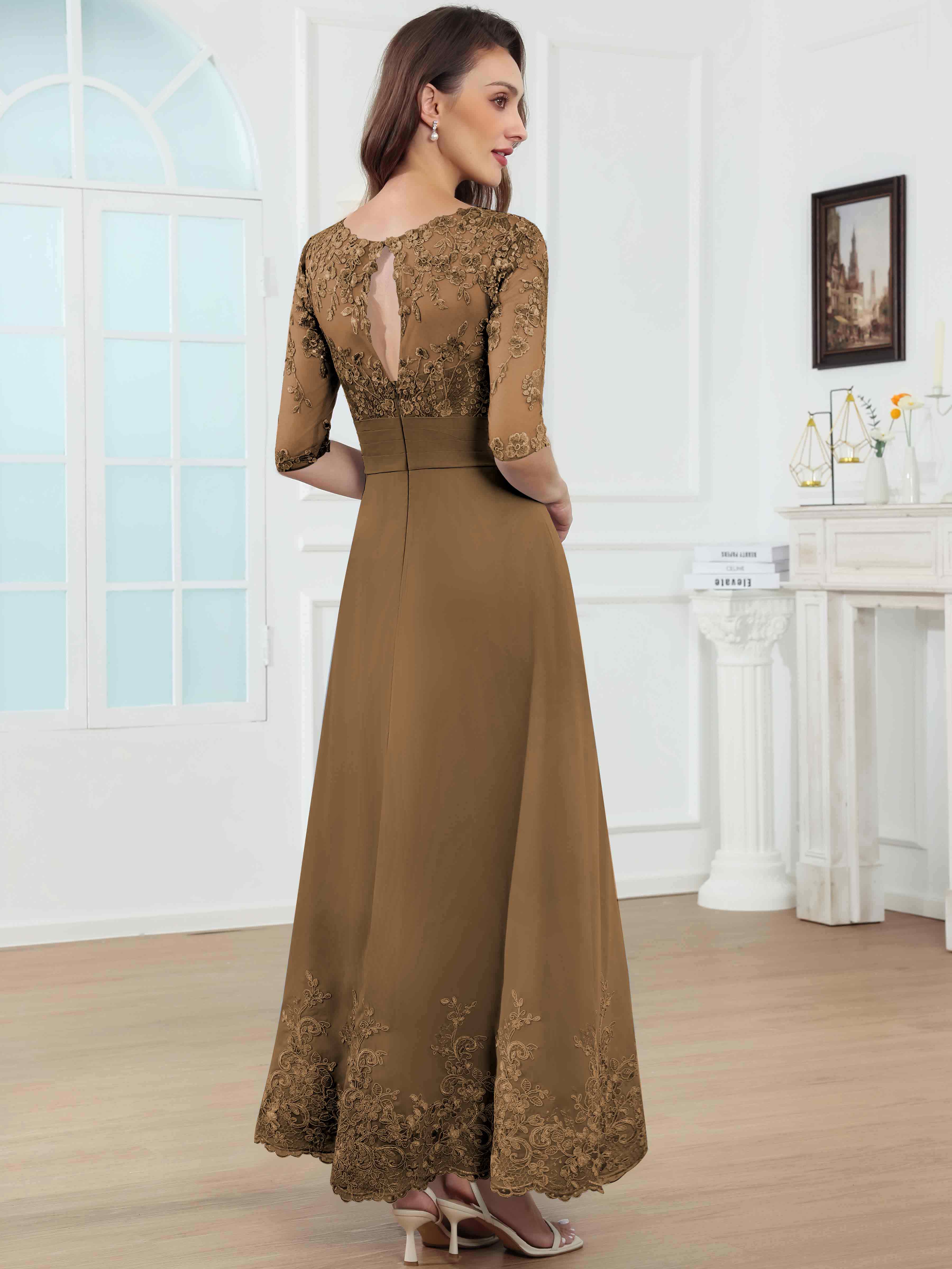 ROVDESY A-Line Lace Sequin Pleated Chiffon Mother Of The Bride Dress With Half Sleeves