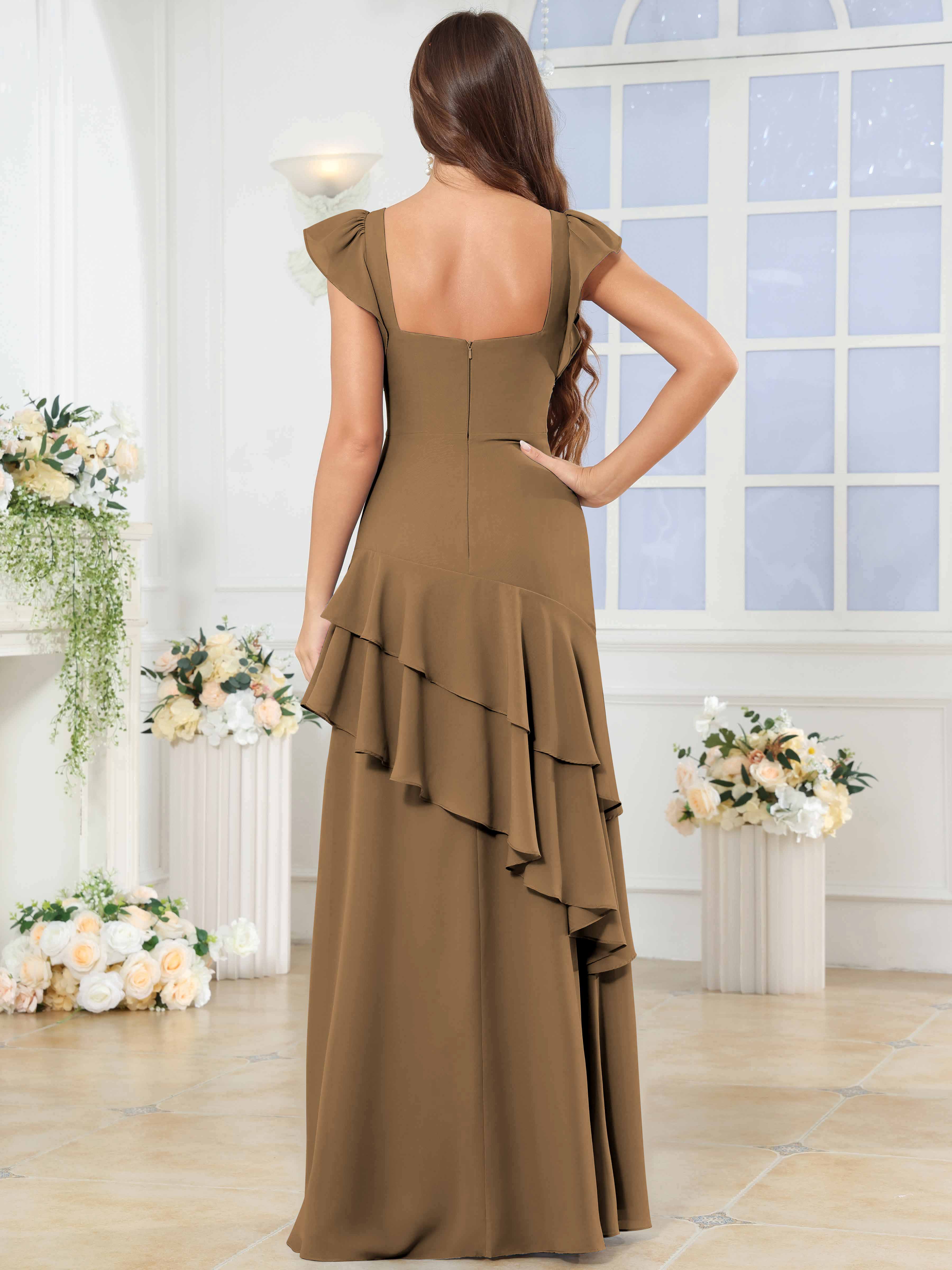ROVDESY Sweetheart Tiered Ruffle Chiffon Bridesmaid Dress With Short Sleeves