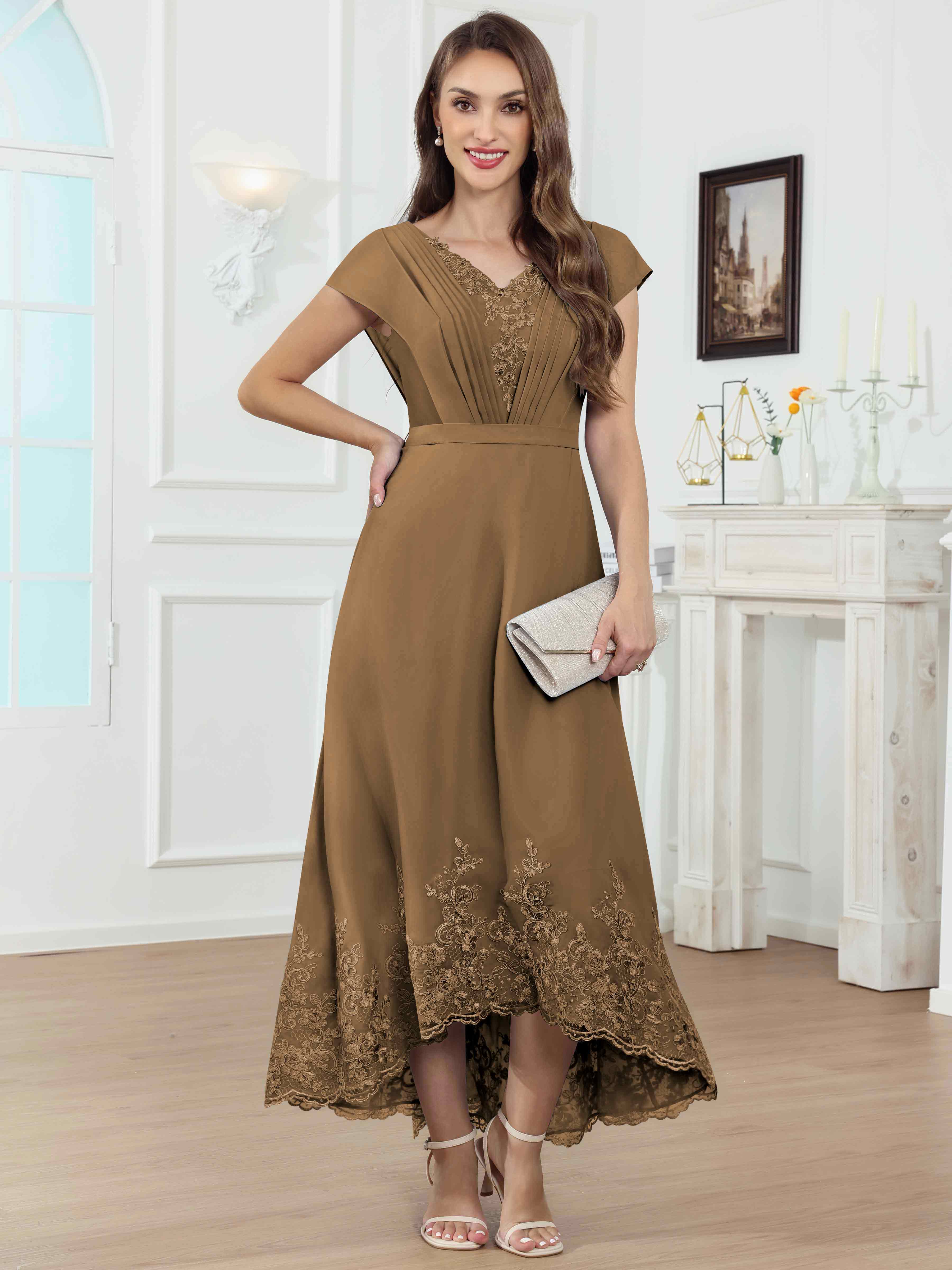 ROVDESY Tea Length High-Low V-Neck Ruched Lace Chiffon Mother of The Bride Dress for Women
