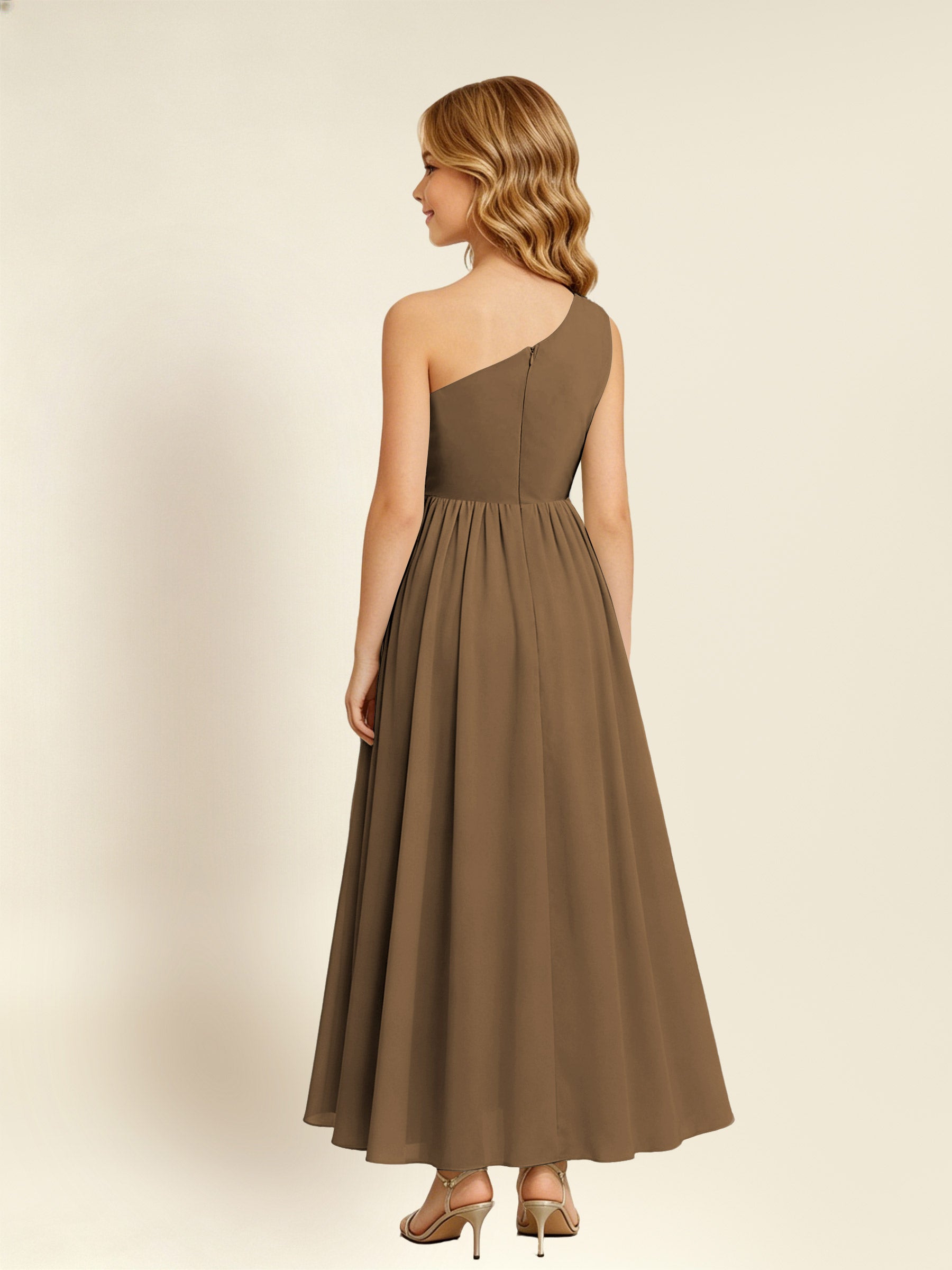 ROVDESY One Shoulder Twist Waist Chiffon Junior Bridesmaid Maxi Dress