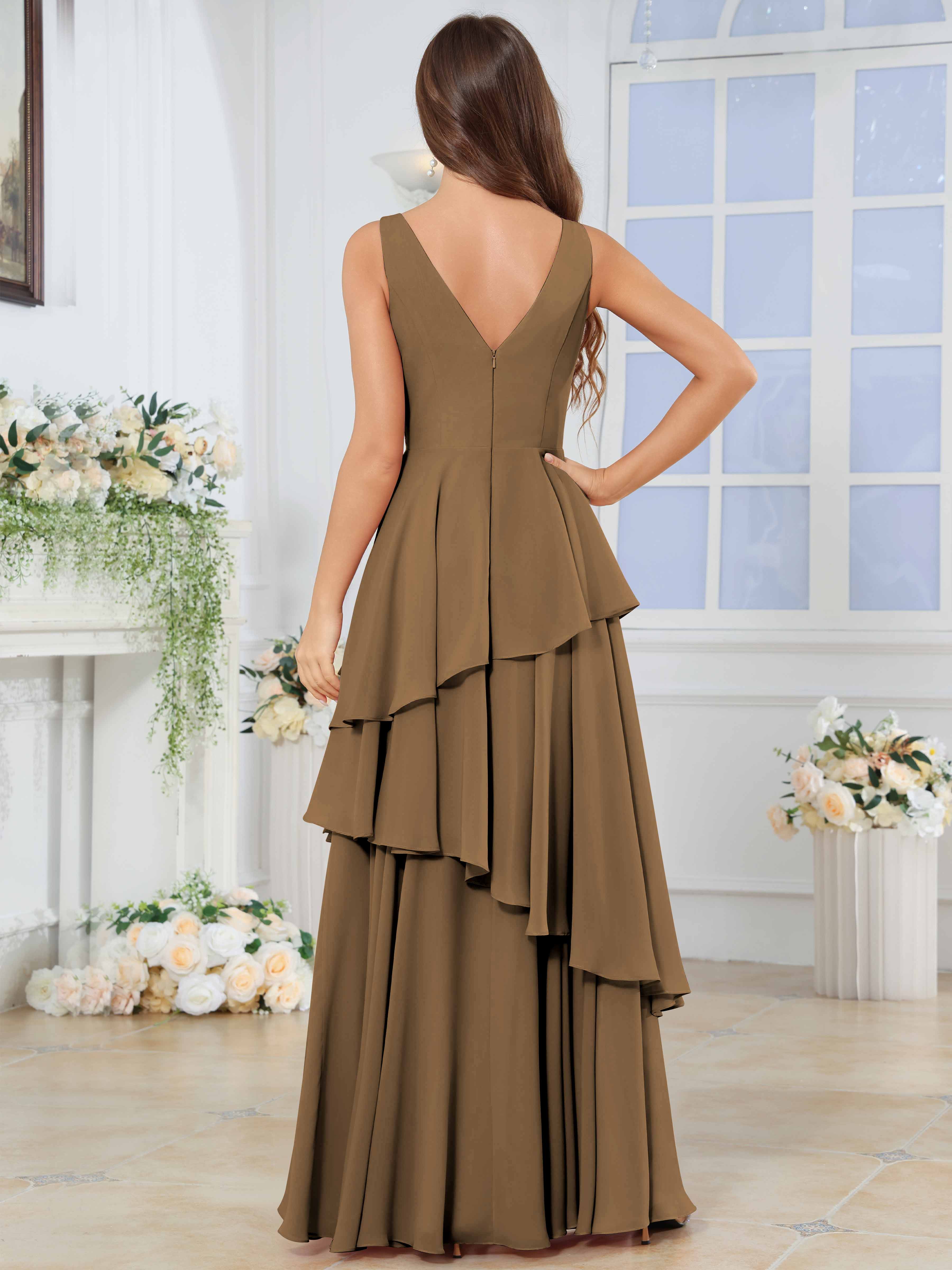 ROVDESY Long Sleeveless V-Neck Tiered Pleated Chiffon Bridesmaid Dress